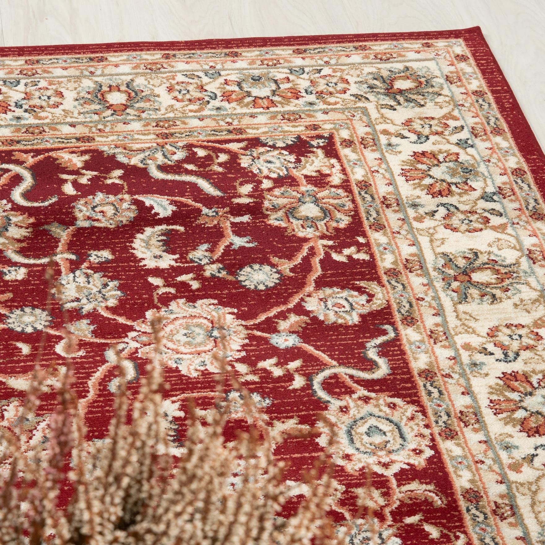 Tappeto Salotto Moderno Pelo Corto 140x200 Cm - Motivo Orientale Crema E Rosso Per Soggiorno E Camera