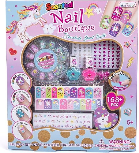 Hot Focus Boutique de uñas perfumadas, kit de arte de uñas de unicornio de 168 piezas, incluye uñas a presión, parches de uñas, calcomanías de uñas,