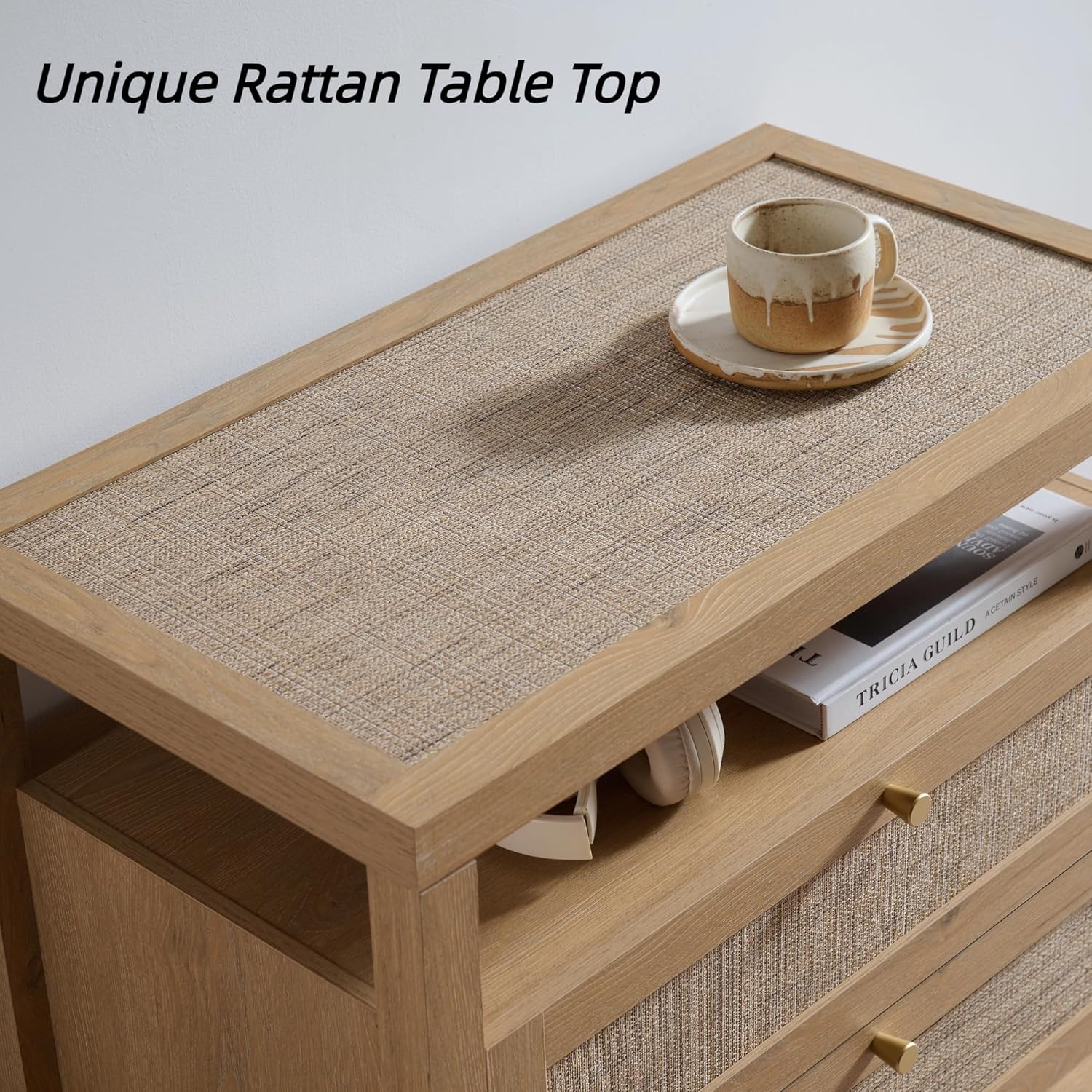 VividVibe Natural Oak Night Stand Set 2, Nightstand with Drawers and Storage Shelf - Rattan Boho Bedside Tables Large Nightstands Wooden Bed Side Table, Modern Farmhouse Accent Rustic End Table