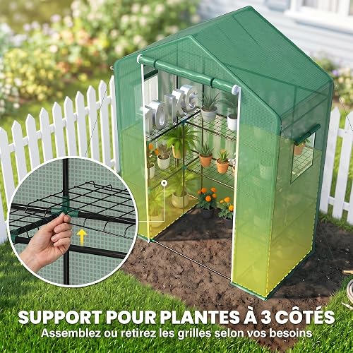 Outsunny PE Garden Greenhouse with Shelves 3 Levels, Balcony Greenhouse, Reinforced Tarpaulin 135 g/m², Steel Frame, Roll-Up Zip Door, for Vegetables, Plants Flowers, 140 x 73 x 190 cm, Green - 3