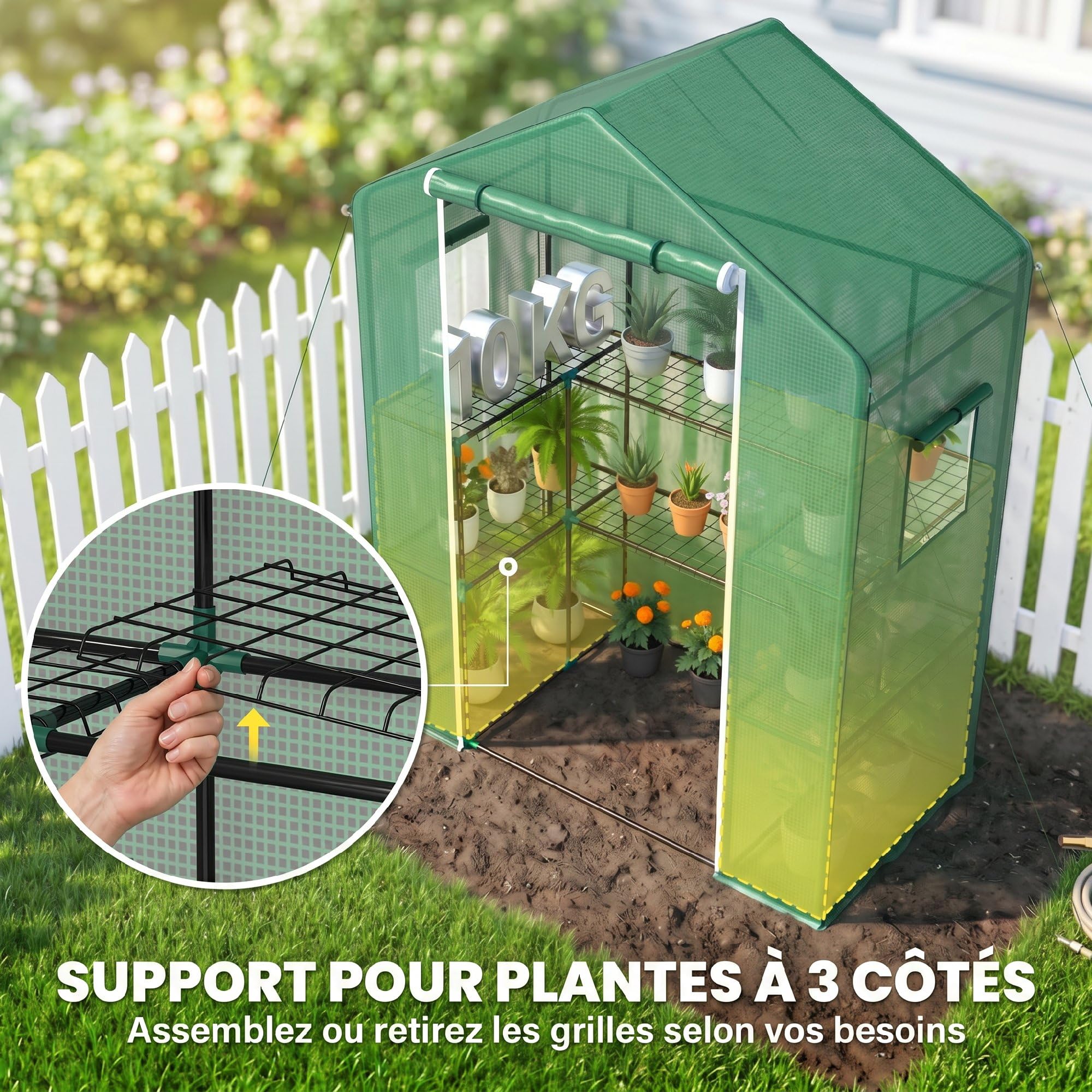Outsunny Serre de Jardin PE avec Étagères 3 Niveaux 140x73x190 cm Vert | Serre de Balcon, Bâche Renforcée 135 g/m², Châssis en Acier, Porte Zippée Enroulable, pour Légumes Plantes Fleurs