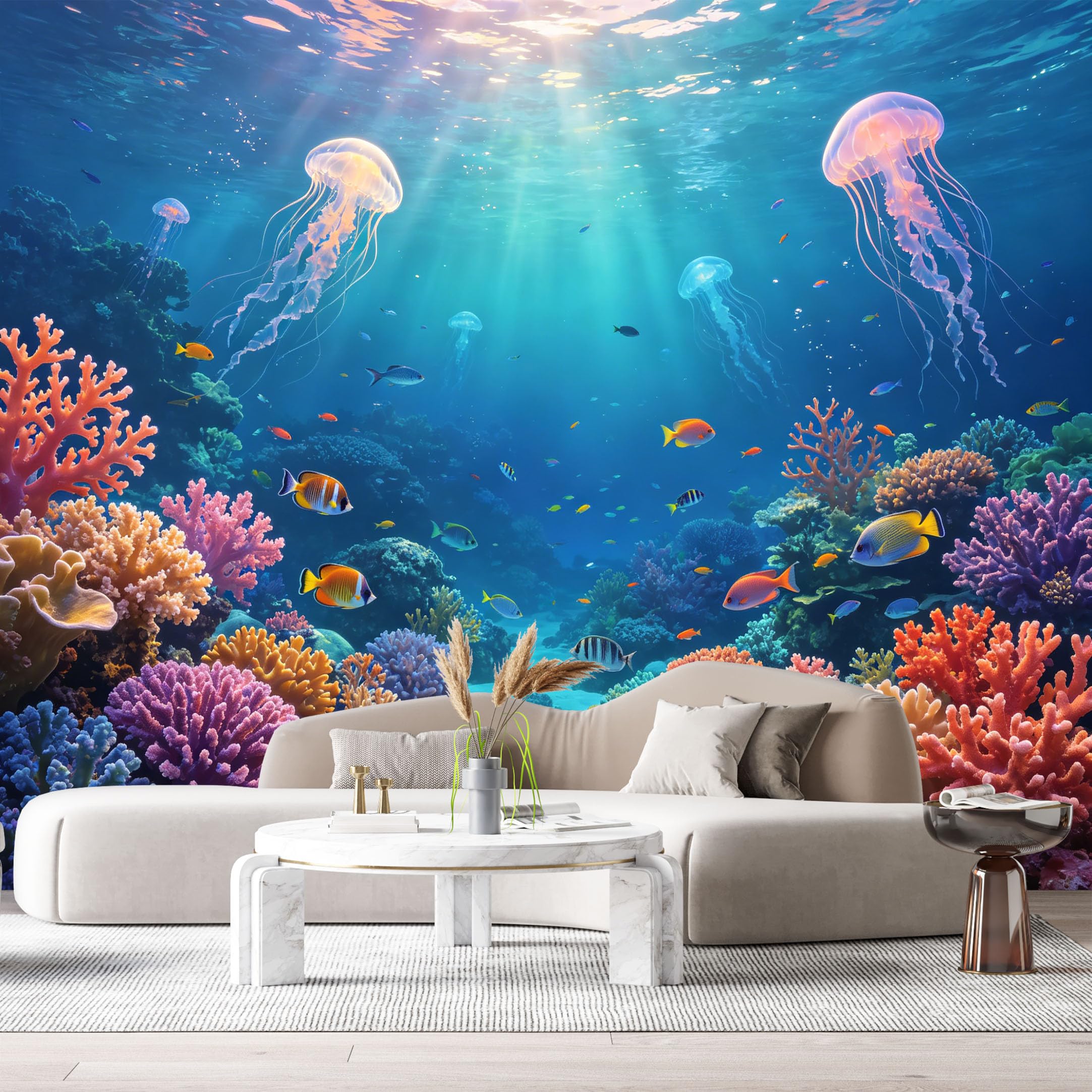 Custom Size Wall Murals Ocean Marine Tropical Coral Reef Jellyfish Underwater Scenery SelfAdhesive Wall Fabric Removable Large Wallpaper for Photo Living Room