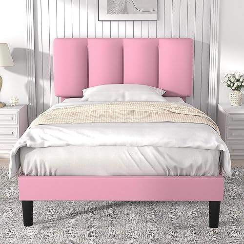 Miniatura 1 de VECELO Base de cama con cabecera tapizada, base de colchón de plataforma con fuerte soporte de listones de madera, no necesita somier, fácil
