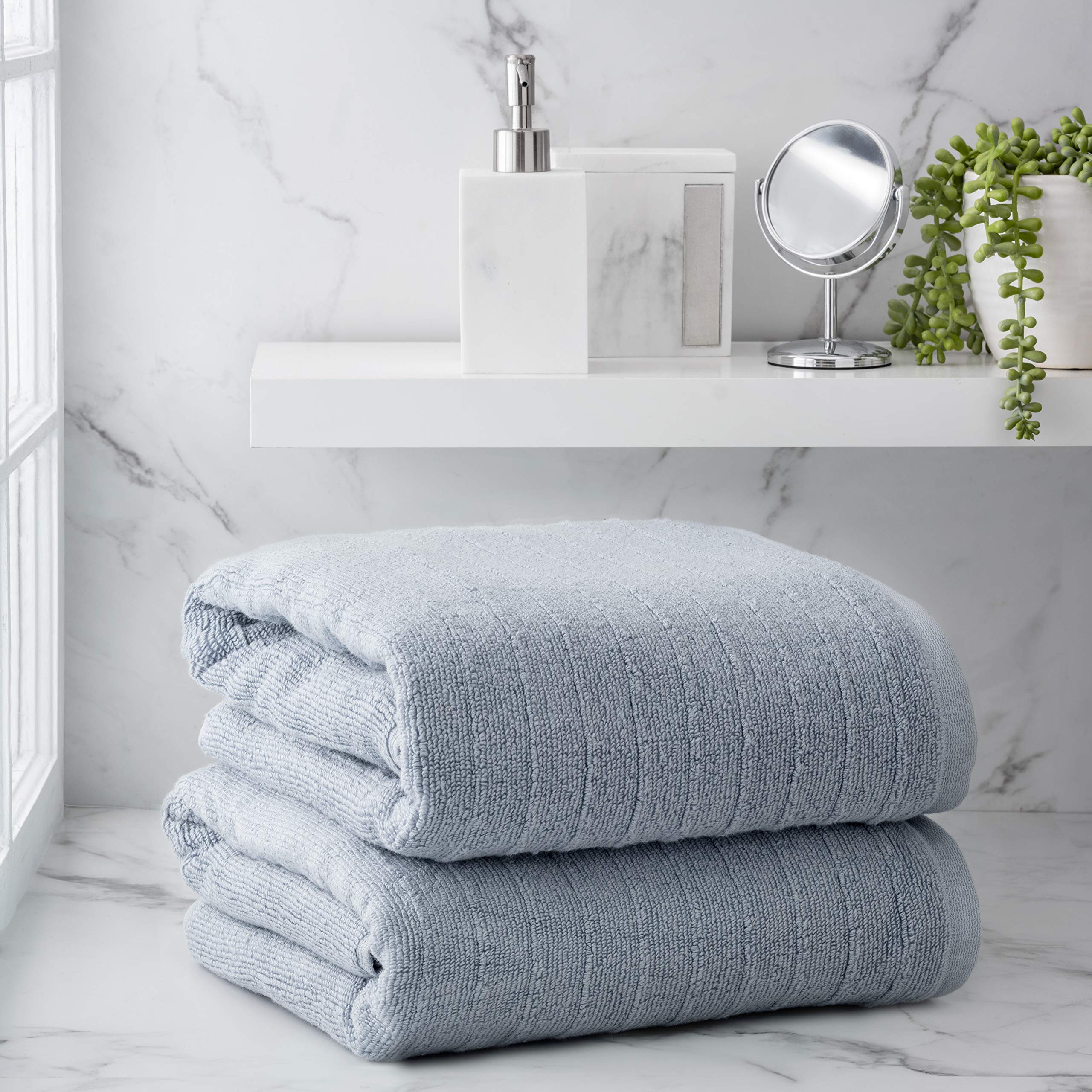Welhome James | 2 Piece Bath Sheets | Stripe Textured Dusty Blue Bathroom Towels | Soft & Absorbent towels for bathroom | Quick Dry Towels | 100% Cotton Bath Towel Sheets