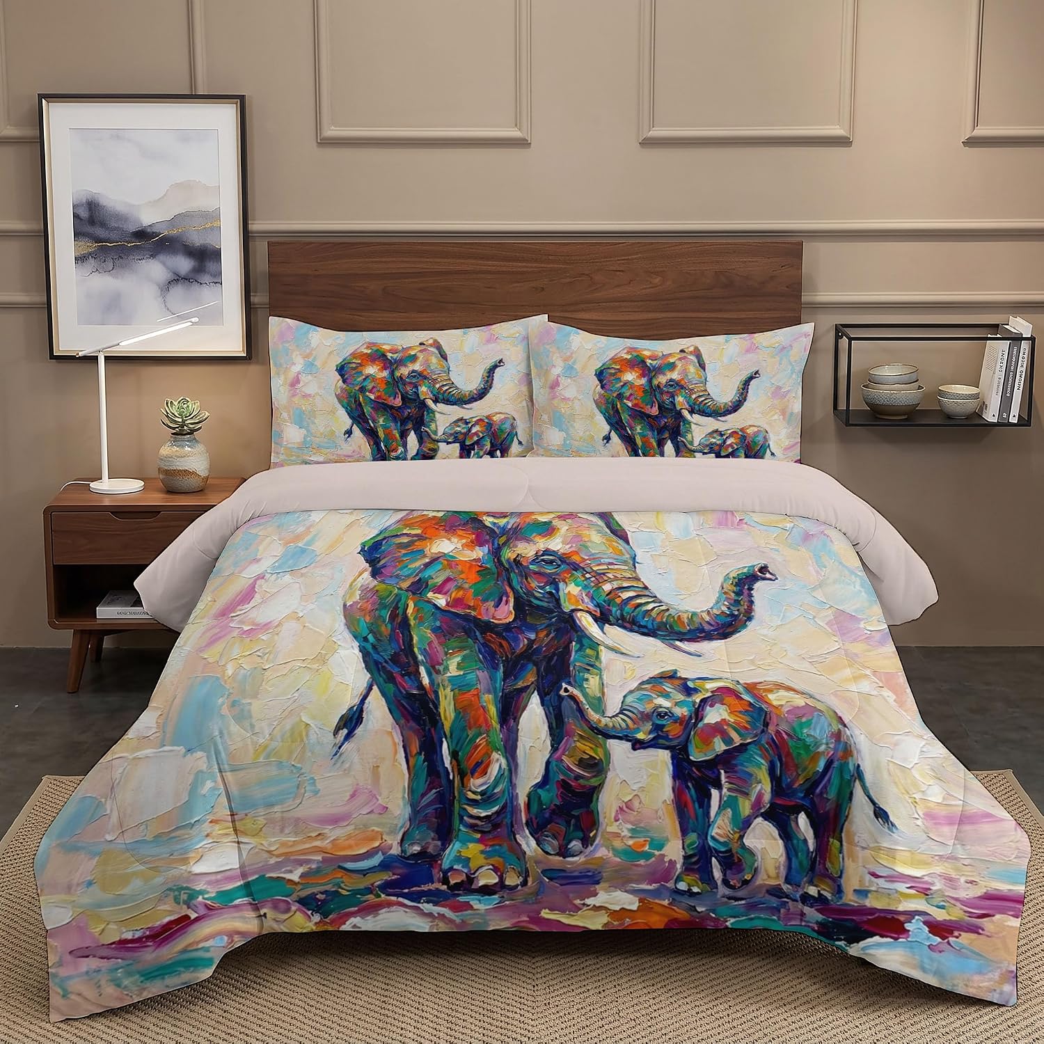 Oil Painting Art Comforter Set King Size, Animals Elephant Bedding Set for Girls Boys, Grey Quilt Bed 104"X90" Bedding Comforter Sets with 2 Pillowcase Room Decor
