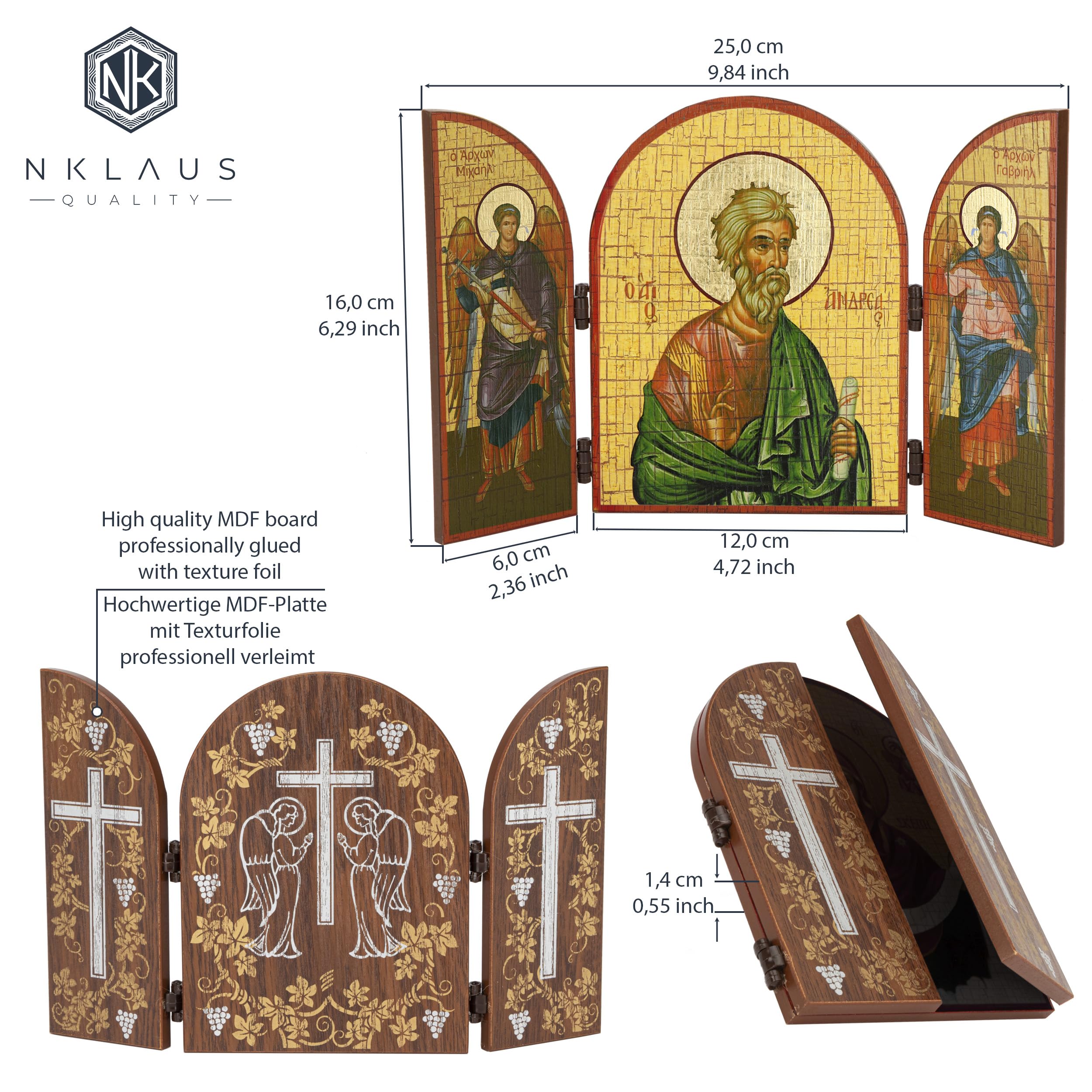 NKlaus Andreas Apostle Icon Triptych MDF Wood 25 x 16 cm Christian 13803, Andreas (Apostle), 25L x 16W cm - Image 2