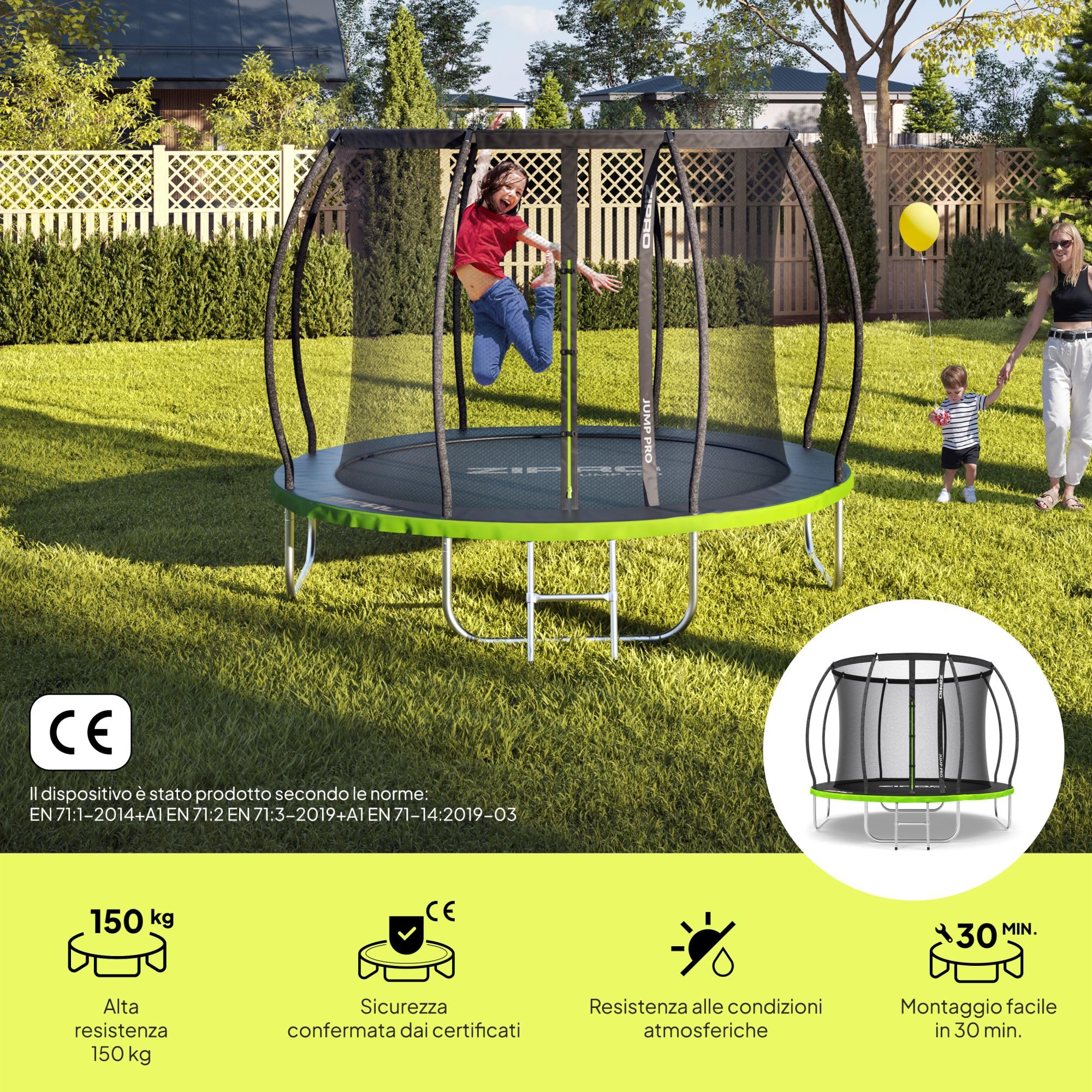 ZIPRO JumpPro PREMIUM Trampolino da Giardino, Trampolino per Bambini, con Rete Interna, Resistente, Protezione UV, Montaggio Facile, Portata fino a 150 kg,