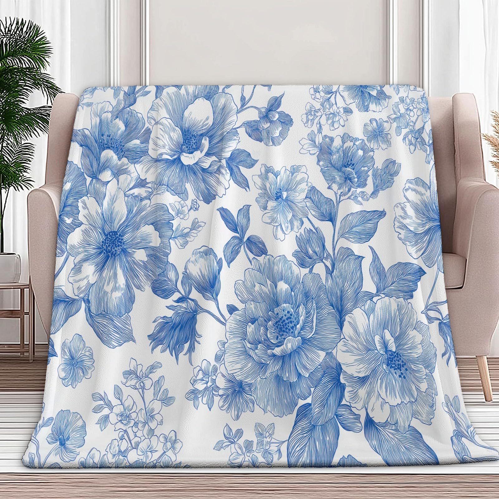 Couverture microfibre luxe motif fleurs bleues flanelle toutes saisons