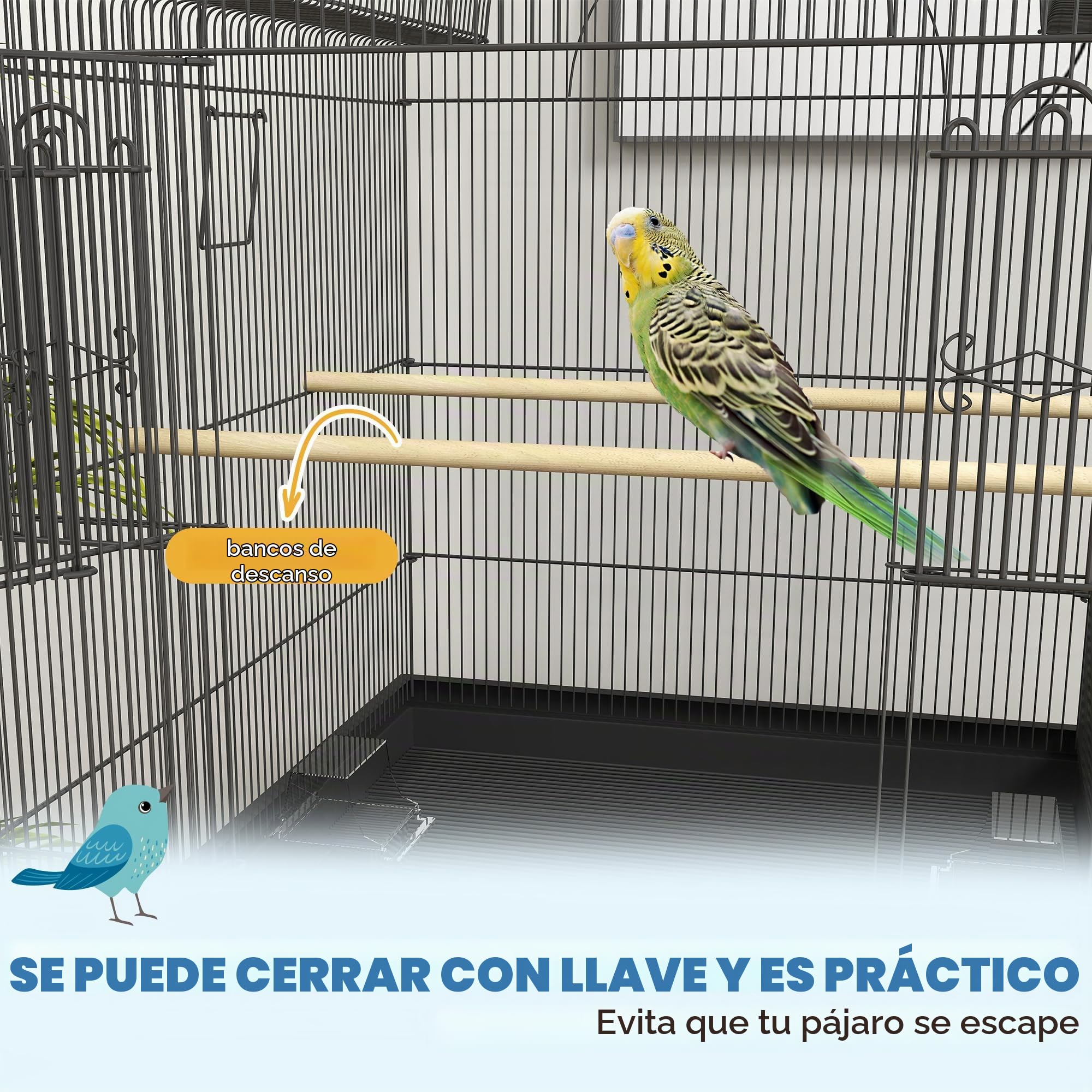 PawHut - Jaula para pájaros con Bandeja, Bandeja de Almacenamiento, alimentador, Jaula para Loro, Jaula con Ruedas para periquitos, Canarios, calopsitas, Acero, 63 x 53 x 144 cm, Color Negro