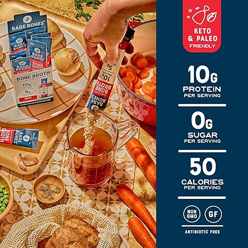 Miniatura 4 de Mezcla instantánea Bare Bones de caldo de huesos, de huesos, de res, 10gr de proteína, apto para dieta Keto y Paleo, sobres en barras de 0.53 oz (15