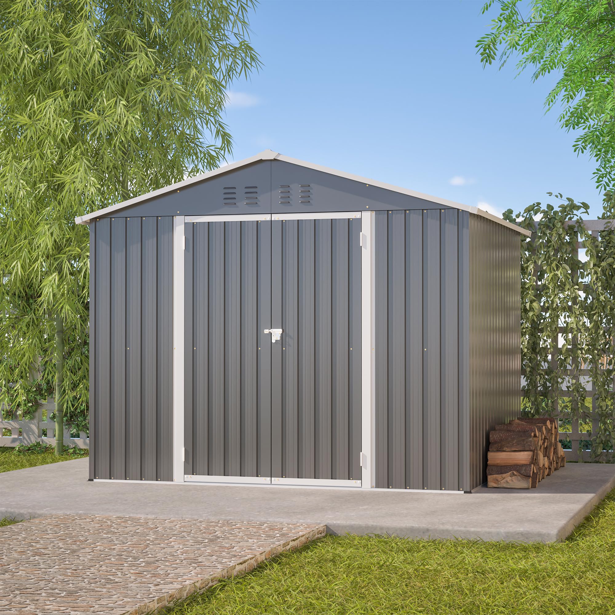 Metall Gerätehaus, Outdoor Gartenhaus mit Satteldach Belüftung,XXL | Für GartenGeräteschuppen mit Satteldach & 2 Türen, Gartenmöbel Wetterfest Wasserdicht für Terrasse, 240x192x191 cm, Grau