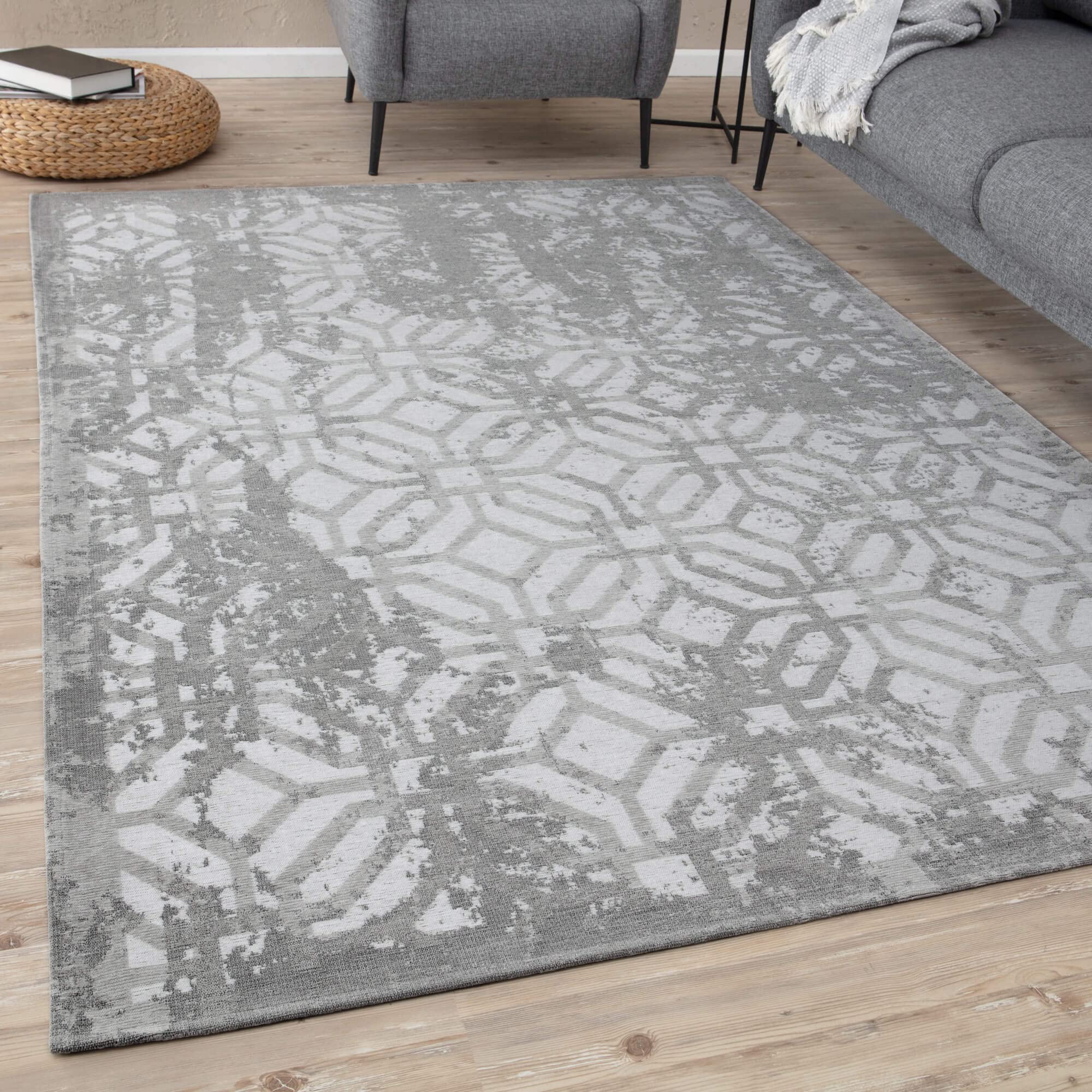 THE RUGS Machine Washable Rug – Geometric Design Rugs for Living Room, Bedroom, Hallway, Flat-weave Area Rugs, (Grey, 200x290 cm)