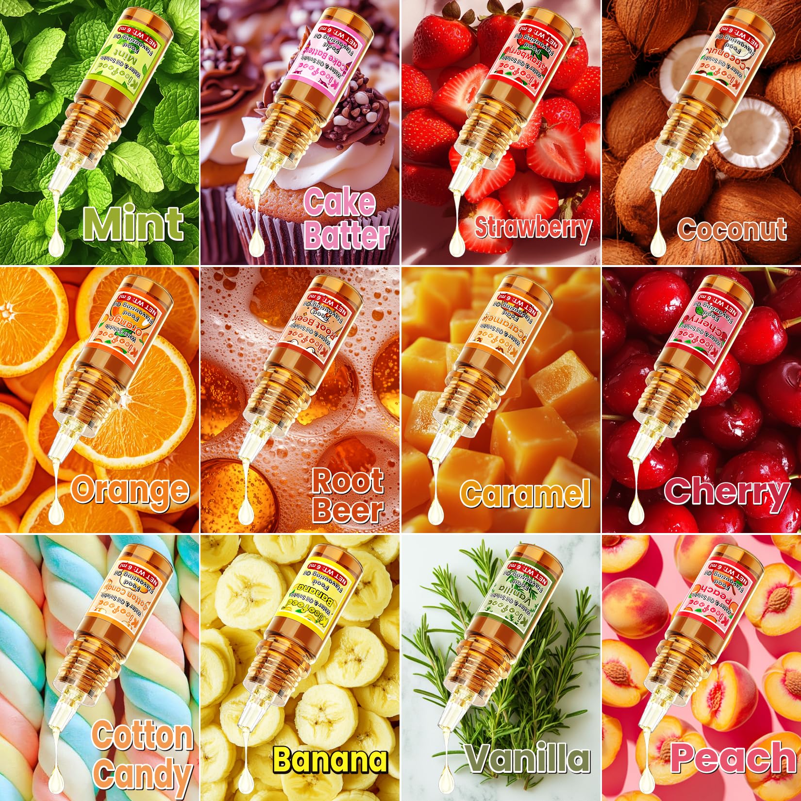 Aromas Alimentarios - 12 Saborizantes Sin Azucar Concentrado para Yogur, Hornear, Bebidas, Postres, Requesón, Pastel, Jabón, Soluble En Agua Y Aceite – 6ml