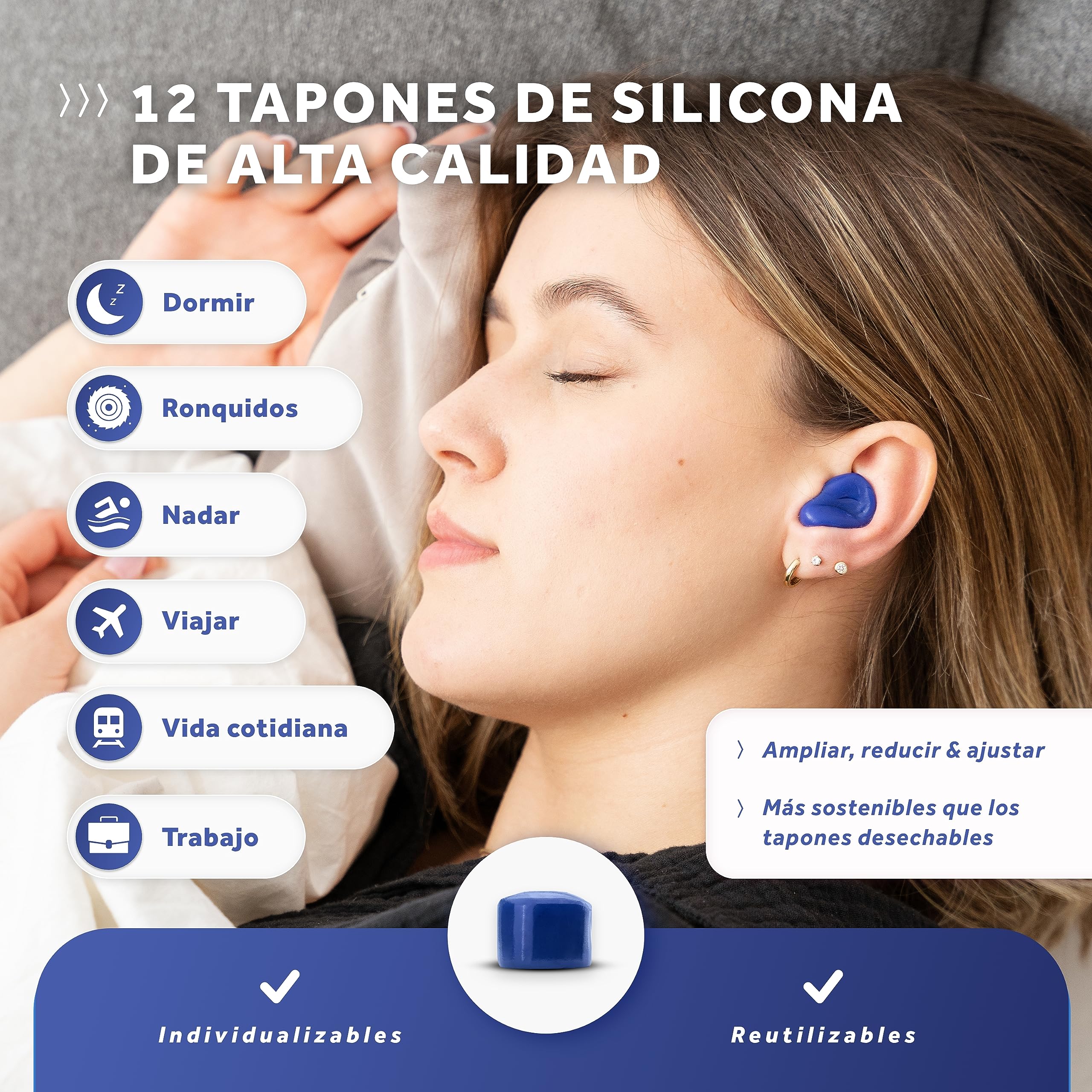 Schallwerk® Soft+ 12 tapones para los oídos de silicona - tapones para los oídos suaves para dormir - cancelación del ruido - auriculares antiruido para dormir (Azul Oscuro, 12 piezas)