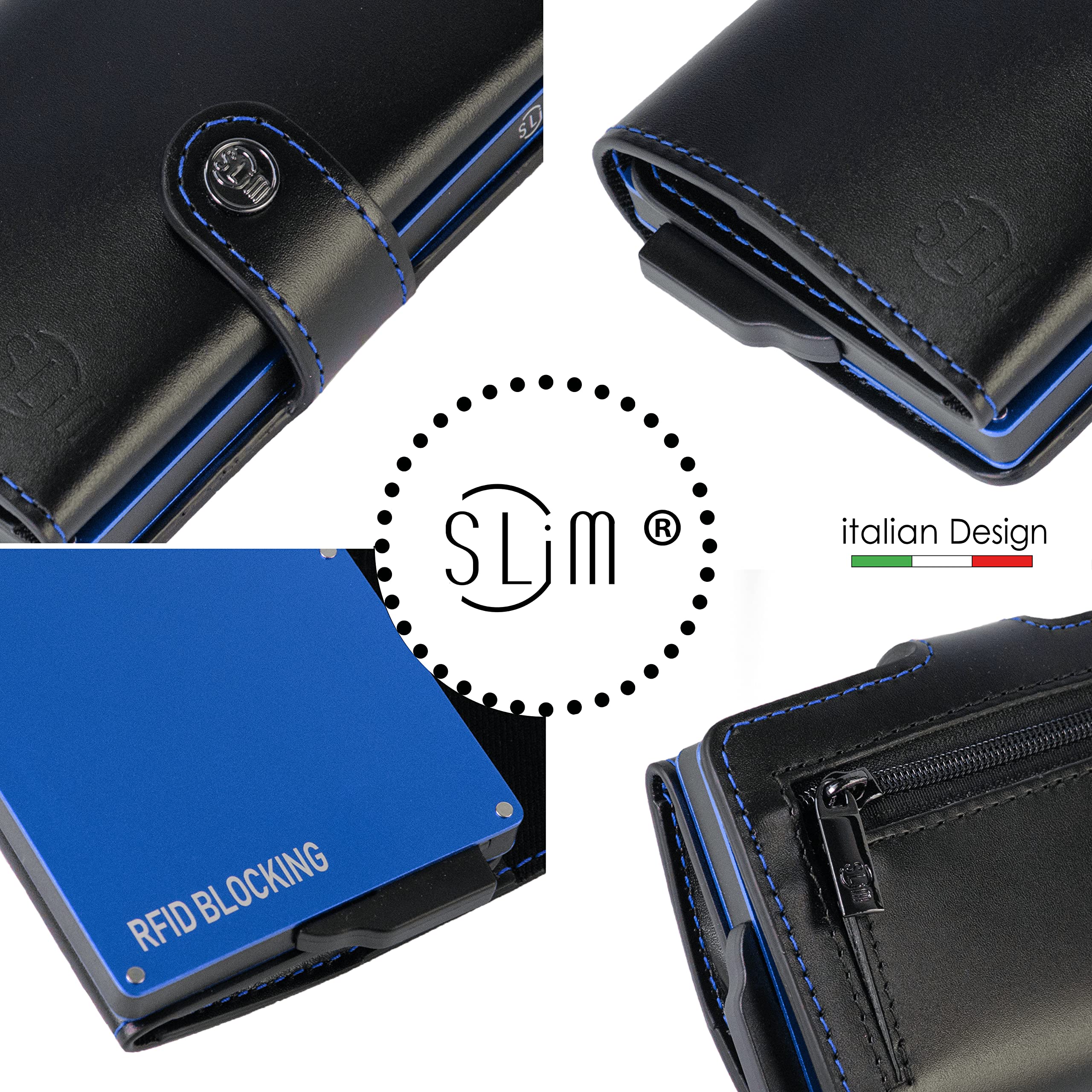 SLim Porta Carte di Credito Schermato Portafoglio Uomo Rfid Portatessere Anticlonazione Donna Portacarte Uomo (Nero Cuciture Blu, Con Zip)