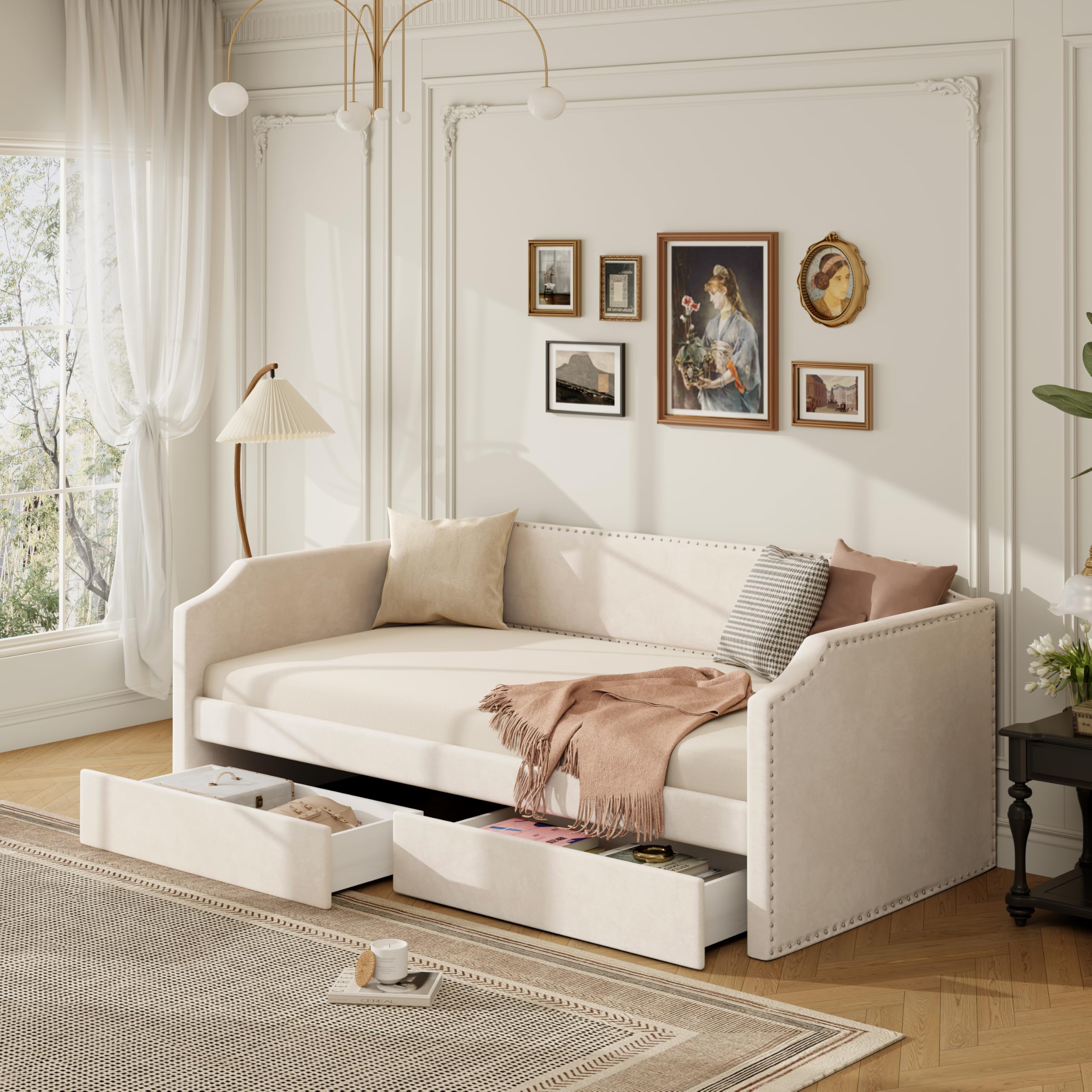 View 1 of (HEADBOARD ( Twin )ONLY) Merax Velvet Upholstered Daybed with Storage Drawers, Twin Size