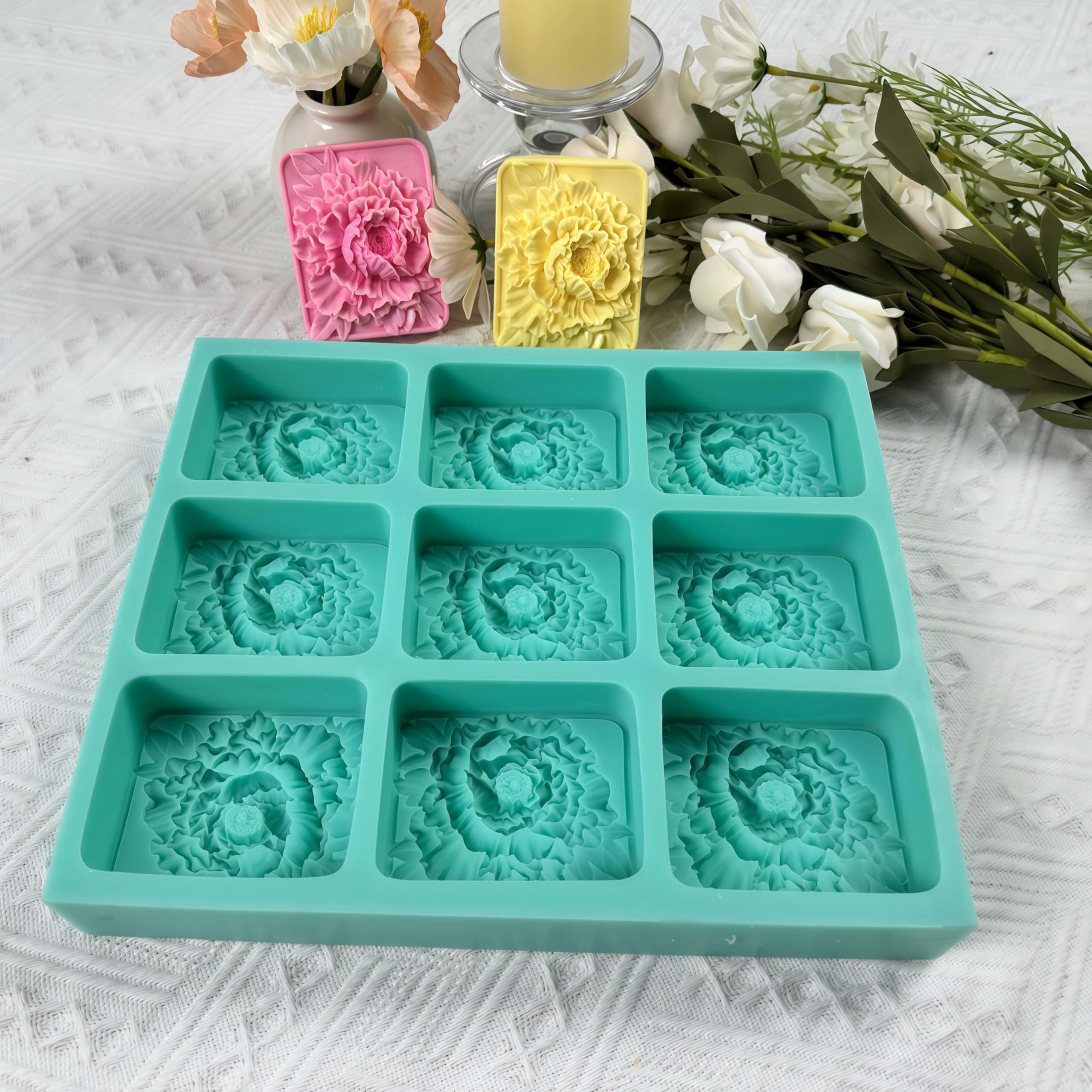 Bandeja de silicona con 9 cavidades para hacer jabón natural, moldes de jabón de flores, moldes de cera de velas, molde de jabón de silicona hecho a mano, herramientas para hornear pasteles de