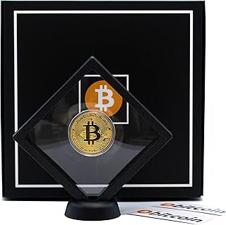 PF TECHNOLOGIES Pièce Physique Bitcoin avec présentoir revêtu de Couleur Or. Pièce de Collection avec boîte Exclusive.