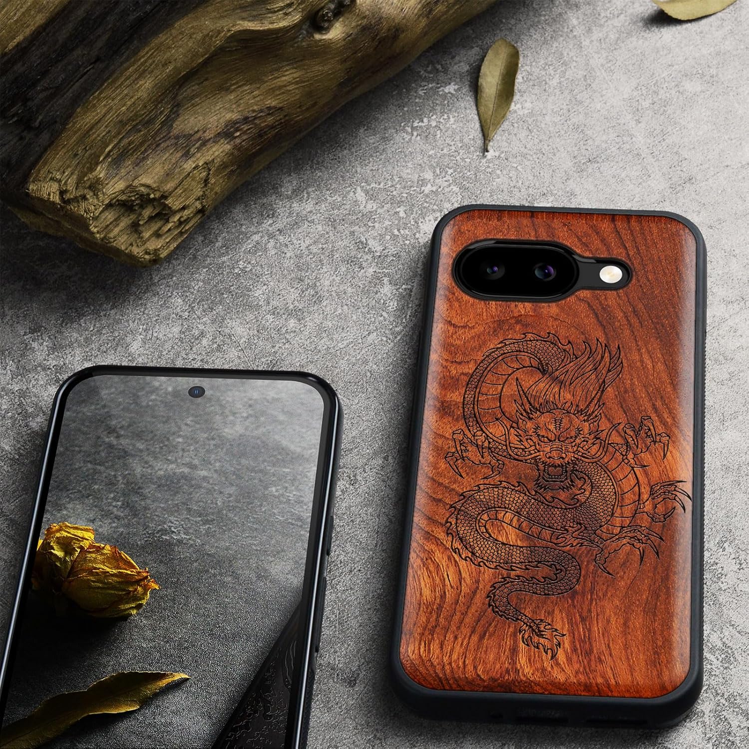 Carveit Magnetic Wooden Case for Google Pixel 9a Case, Wood Artisan Engraved & Soft TPU Shockproof Cover, Compatible with MagSafe Wireless Chargers (Oriental Dragon) Rosy