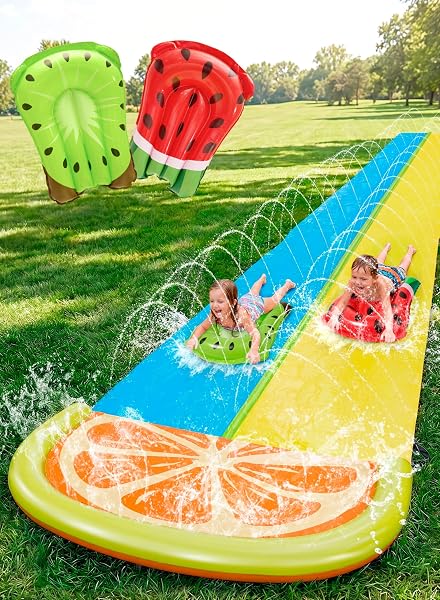 Sloosh Water Slides with 2 bodyboards Backyard Outdoor Lawn Slip Waterslide 2 Sliding Racing Lanes with Sprinklers Summe