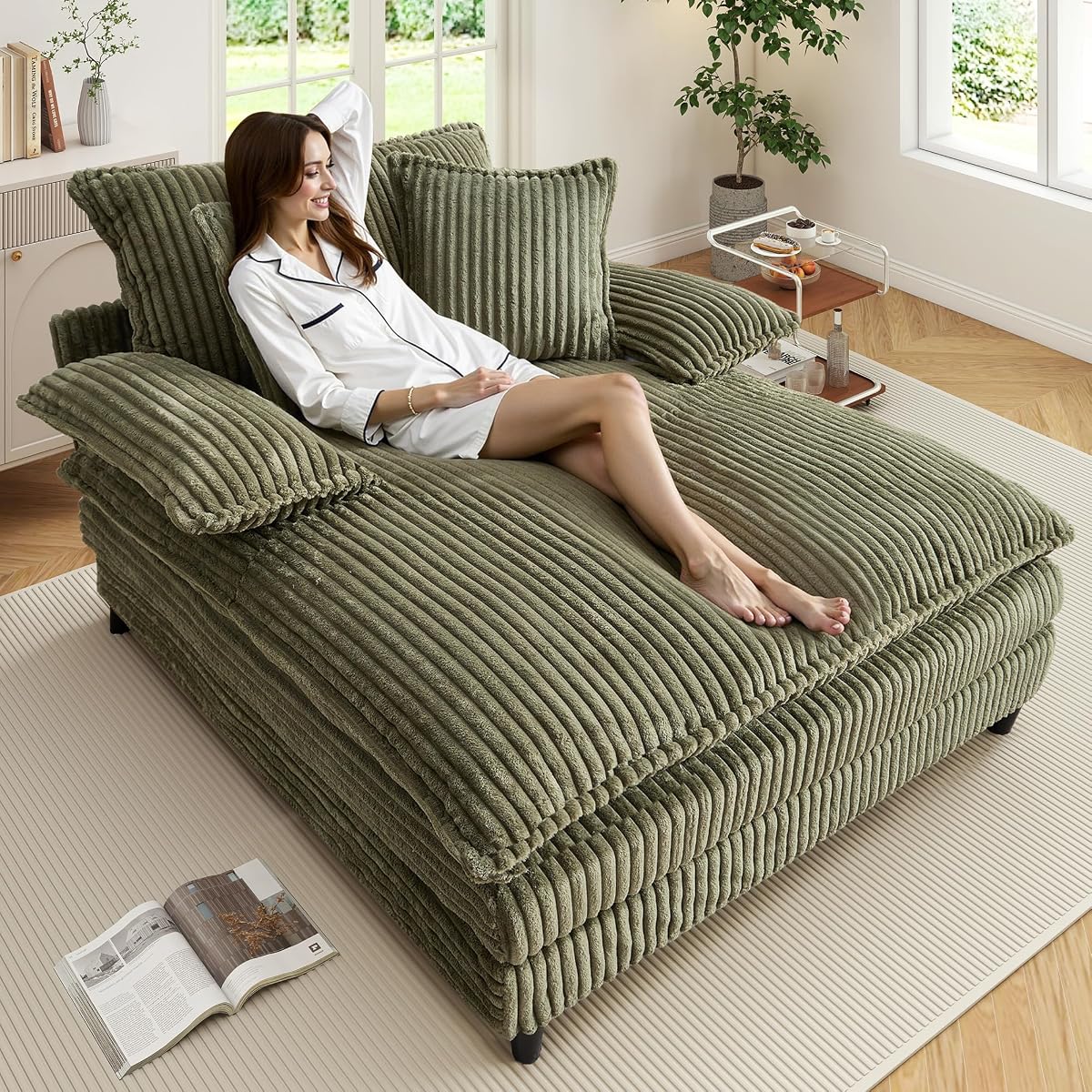 WESTSETLUX Chaise Lounge de gran tamaño de 54.8 pulgadas de ancho para interior con respaldo ajustable de 5 posiciones, sofá cama de pana con 3 almohadas, moderno sillón de nube para sala de estar, dormitorio, verde