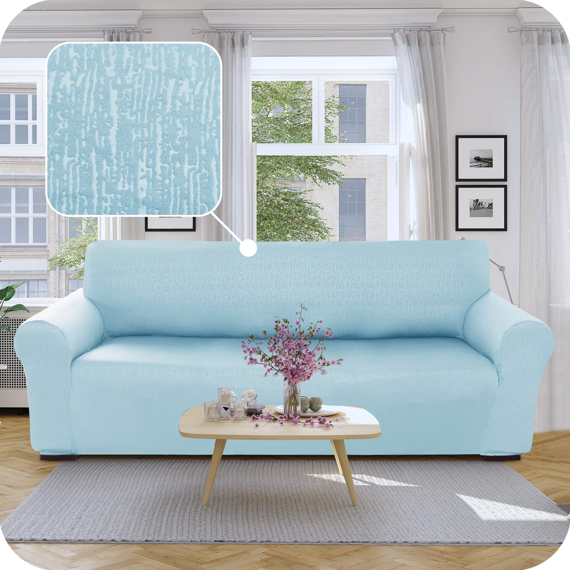 Deconovo Copridivano 3 Posti Elasticizzato con Braccioli, Antigraffio per Gatto, Universale Antiscivolo, Protezione Divano Lavabile Facile da Pulire, Azzurro