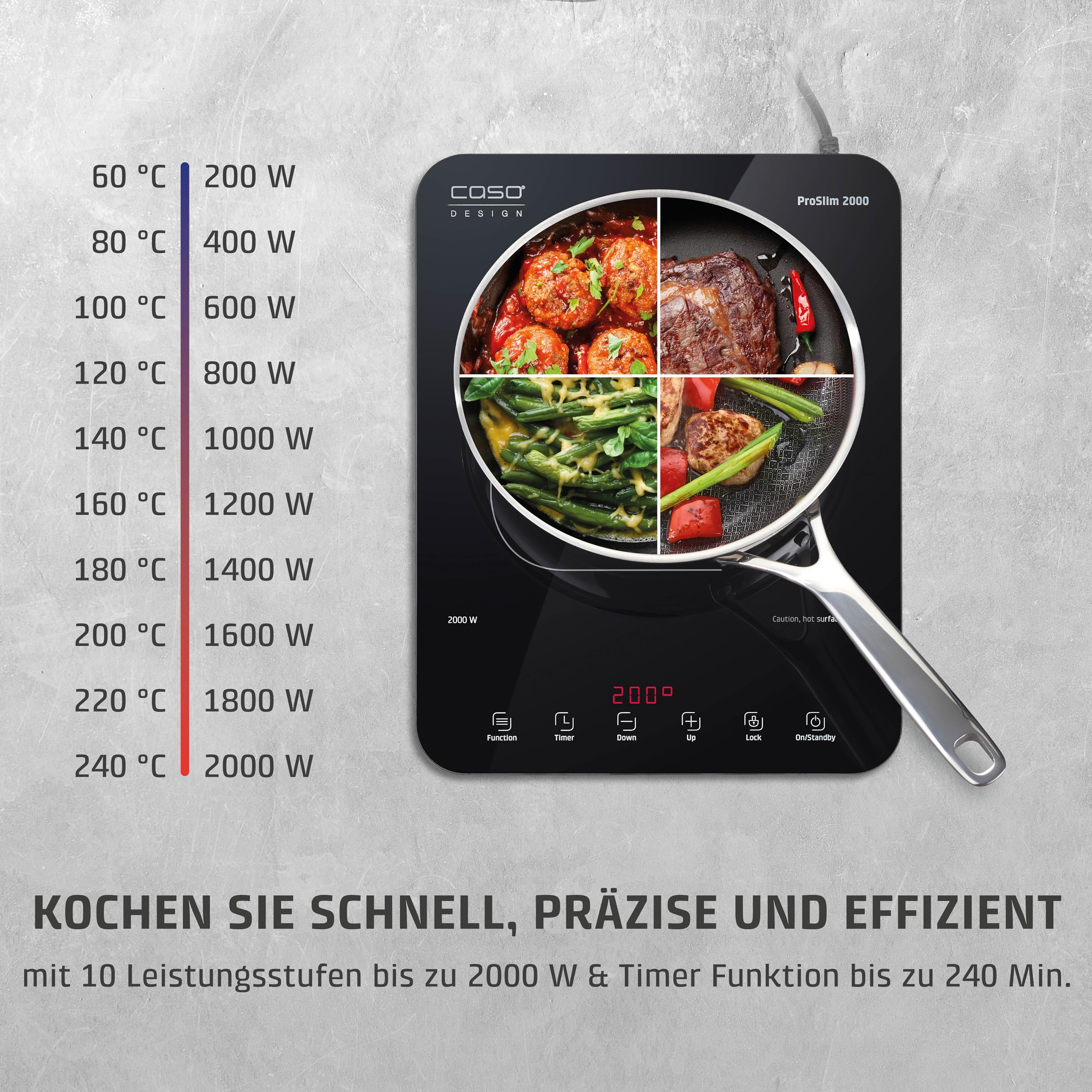CASO ProSlim 2000 2000W Induktionskochplatte, 10 Temperaturstufen, Sensor-Touch, Timer