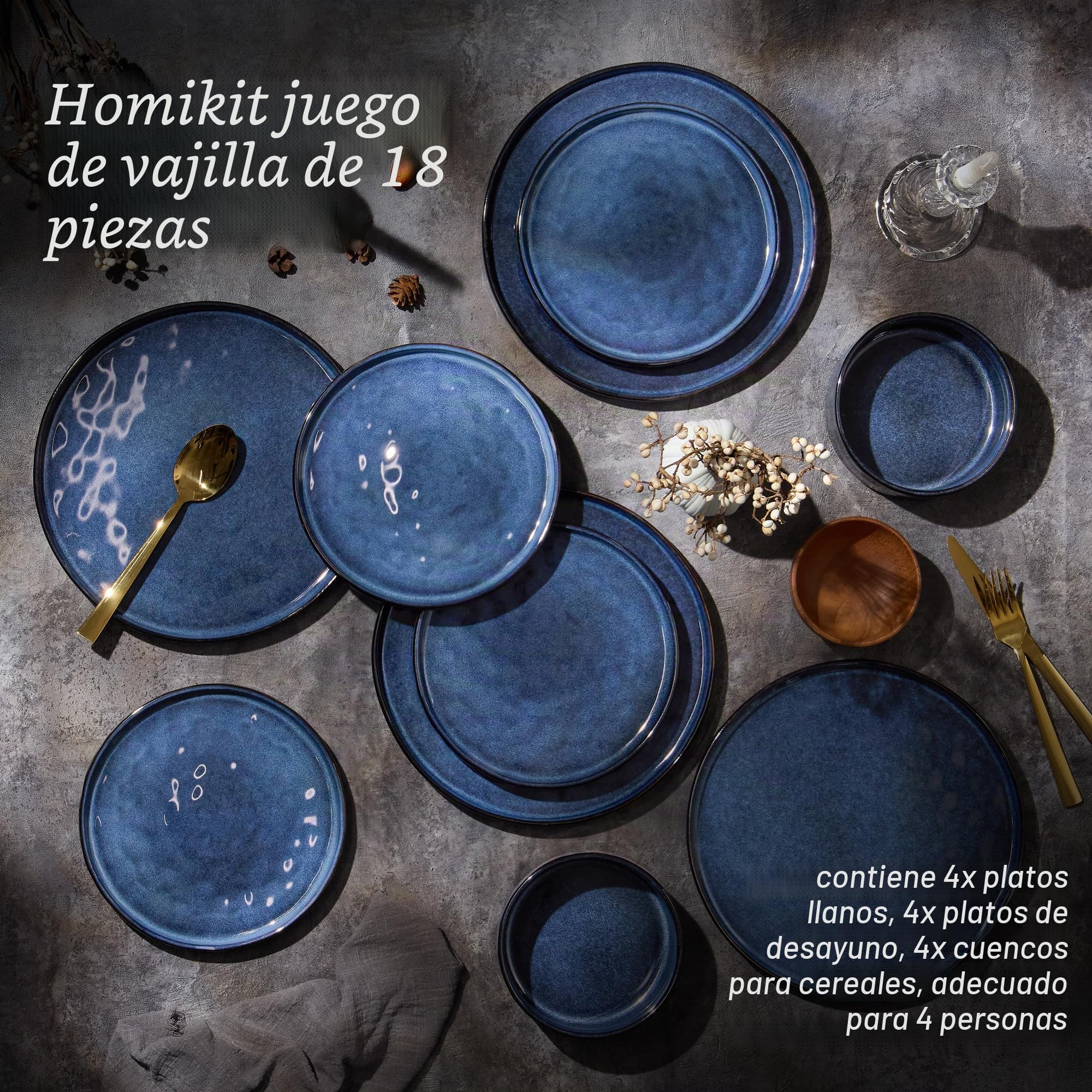 Juego de vajilla Homikit, juego de vajilla de 12 piezas para 4 personas, servicio de mesa combinado con platos llanos, platos de postre y cuencos para cereales, azul noble