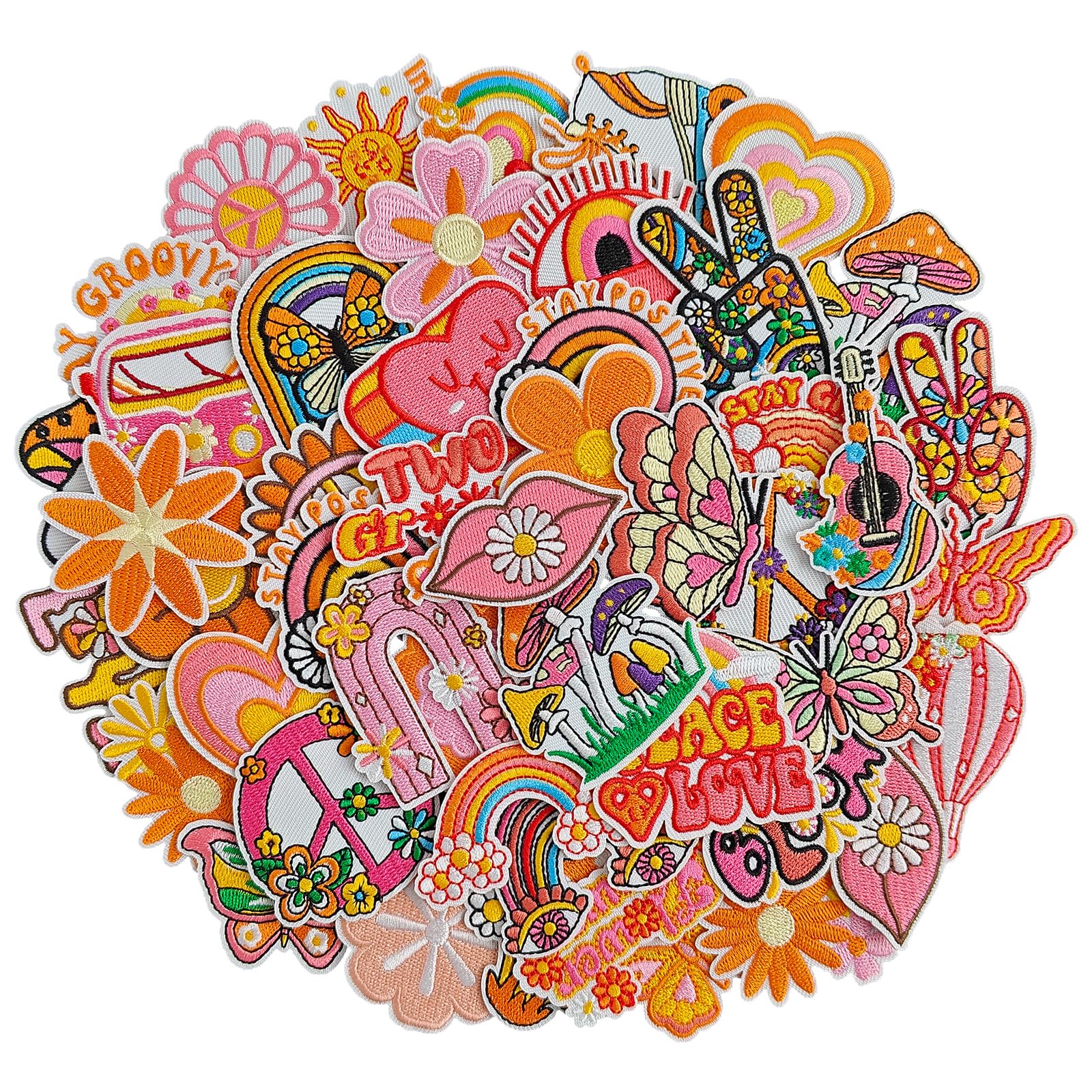 IANZE 48PCS Hippie Vintage Iron on Patches, Retro Aesthetics Applique Embroidered Sew on/Iron on Patches for Clothes, Dress, Hat, Jeans, DIY Accessories