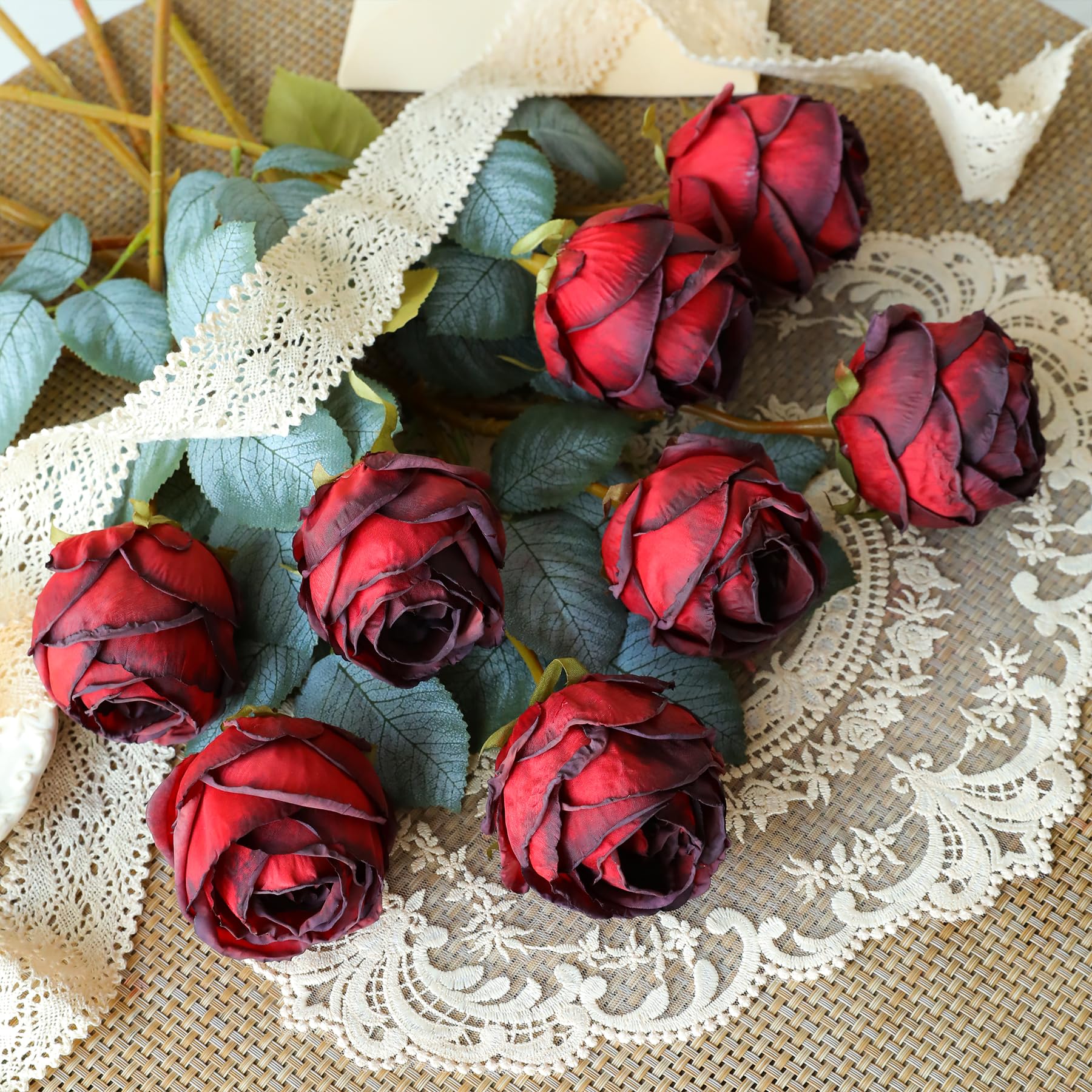 Kisflower 10 Pcs Artificial Rose Red Flower,20" in Tall Single Rose Long Stem Fake Flower,Silk Blossom Rose Realistic Flower for Table Office Party Wedding Home Decor(Burgundy Red,10pcs) - Image 3