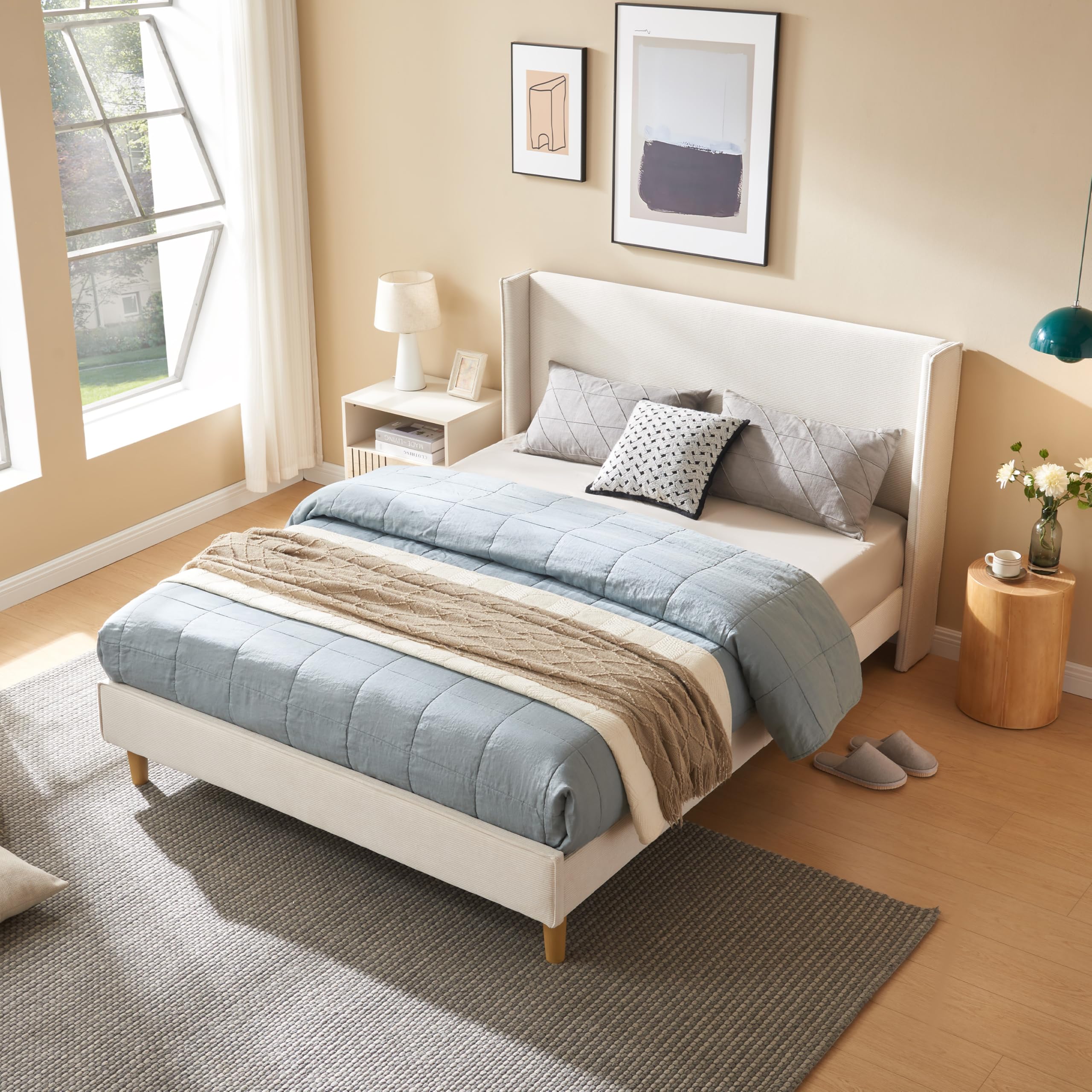 Size Upholstered Platform Bed Frame with Modern Wingback Headboard, Corduroy Bed Frame with Underneath Storage, Wooden SLats Support, No Box Spring Needed, Easy Assenmbly, Cream
