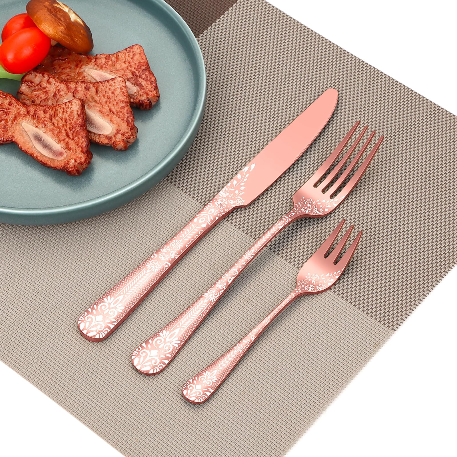 36-teiliges Besteck Set Roségold für 6 Personen, HONKKU Edelstahl Besteckset mit Steakmesser, Essbesteck Set Spiegel Polierter mit Blumenmustern, Gabel Löffel Messer Set Geschirrspüler Safe