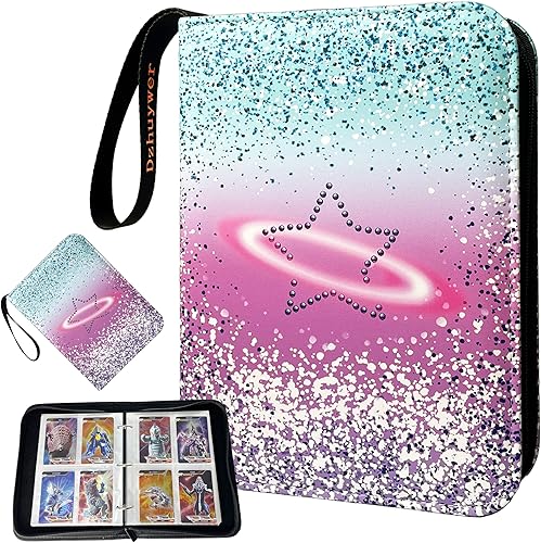 Carpeta de tarjetas coleccionables para 4 bolsillos, 480 tarjetas con 60 fundas extraíbles con cremallera de protección, pulsera de fácil