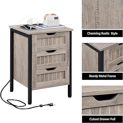 Miniatura 7 de Yaheetech Mesita de noche con estación de carga, cómoda de 3 cajones para dormitorio, mesa auxiliar con 2 tomas de corriente y 2 puertos USB, mesita