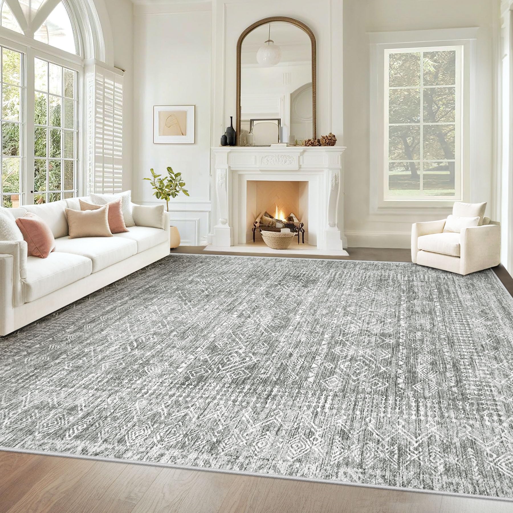Living Room Rugs 8x10: Washable Moroccan Geometric Boho Rug Farmhouse Non Slip Stain Resistant Large Rug Low Pile Soft Carpet for Bedroom Dining Room Children Room (Grey,8x10)