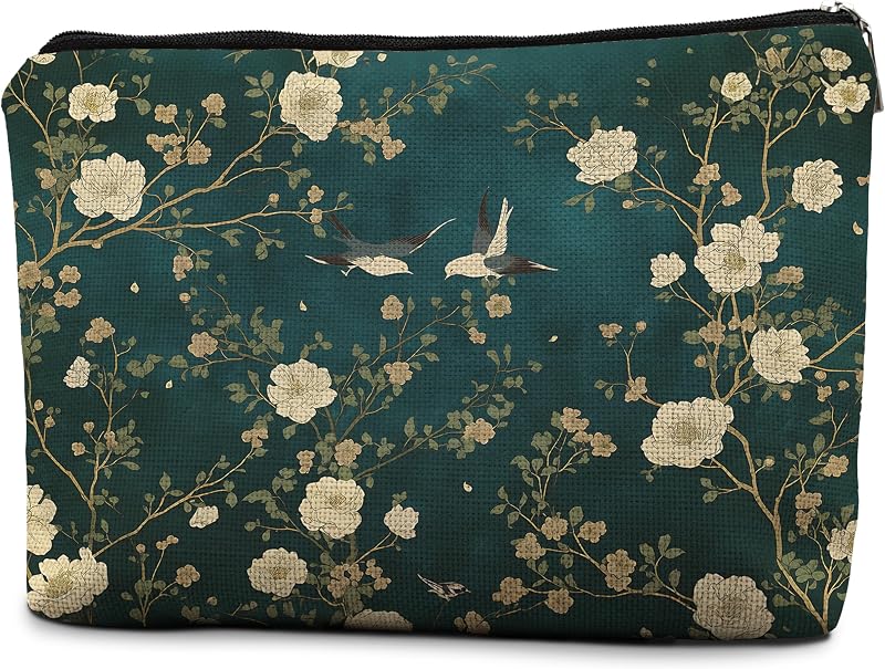 Necessaire de maquiagem e acessórios efgthyjdh com estampa floral azul e branca, fechamento por zíper, 25,4 x 19,05 x 0,76 cm