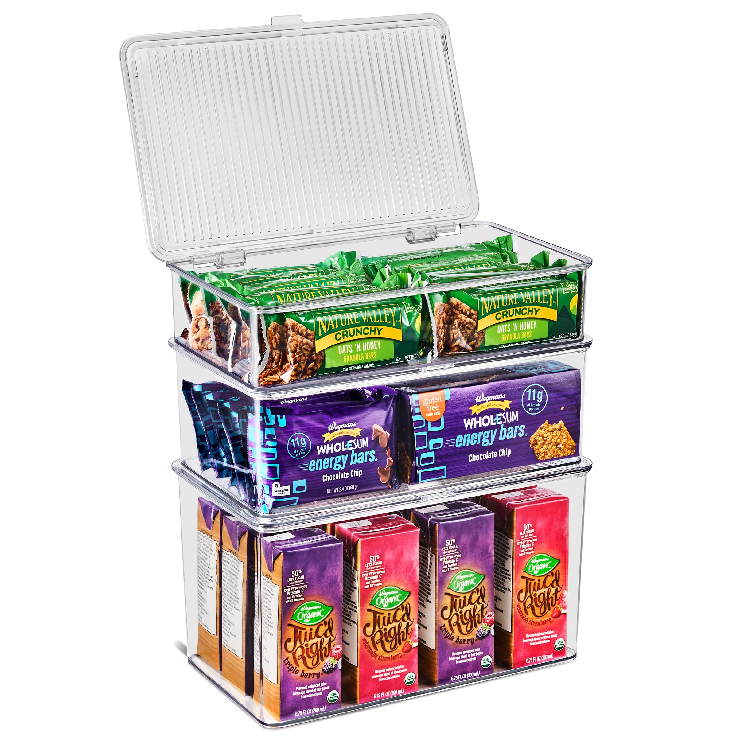 Sorbus Aufbewahrungs-Organizer für Kühlschrank und Speisekammer mit Deckel, transparenter Kunststoff, stapelbar, Nüsse, Müsli-Riegel (groß – mittel – klein)