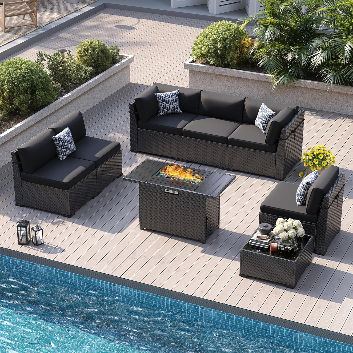 8 Piece Patio Furniture Set with 44” Fire Pit Table All-Weather Wicker Conversation Sectional Sofa & Coffee Table with Thickened Cushions for Backyard, Garden(Black)