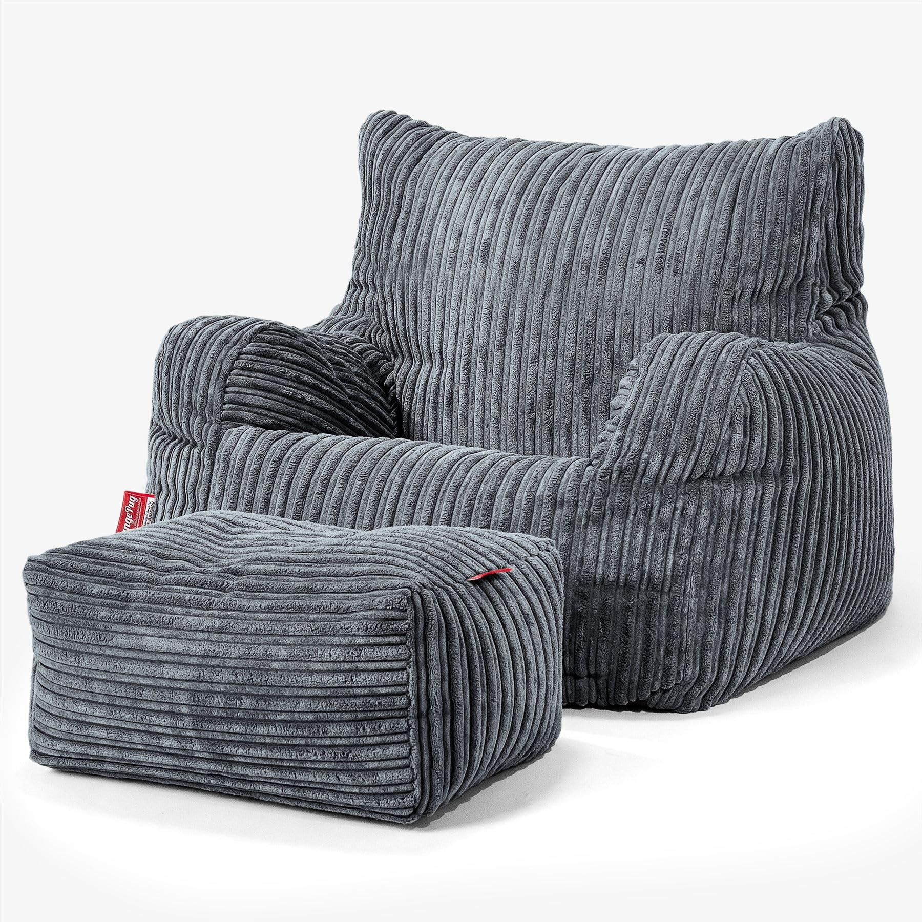 Lounge Pug Cord Fabric Armchair Bean Bag and Footstool Set for Living Room Lounge - Adult Beanbag Chair - Corduory Slate Grey