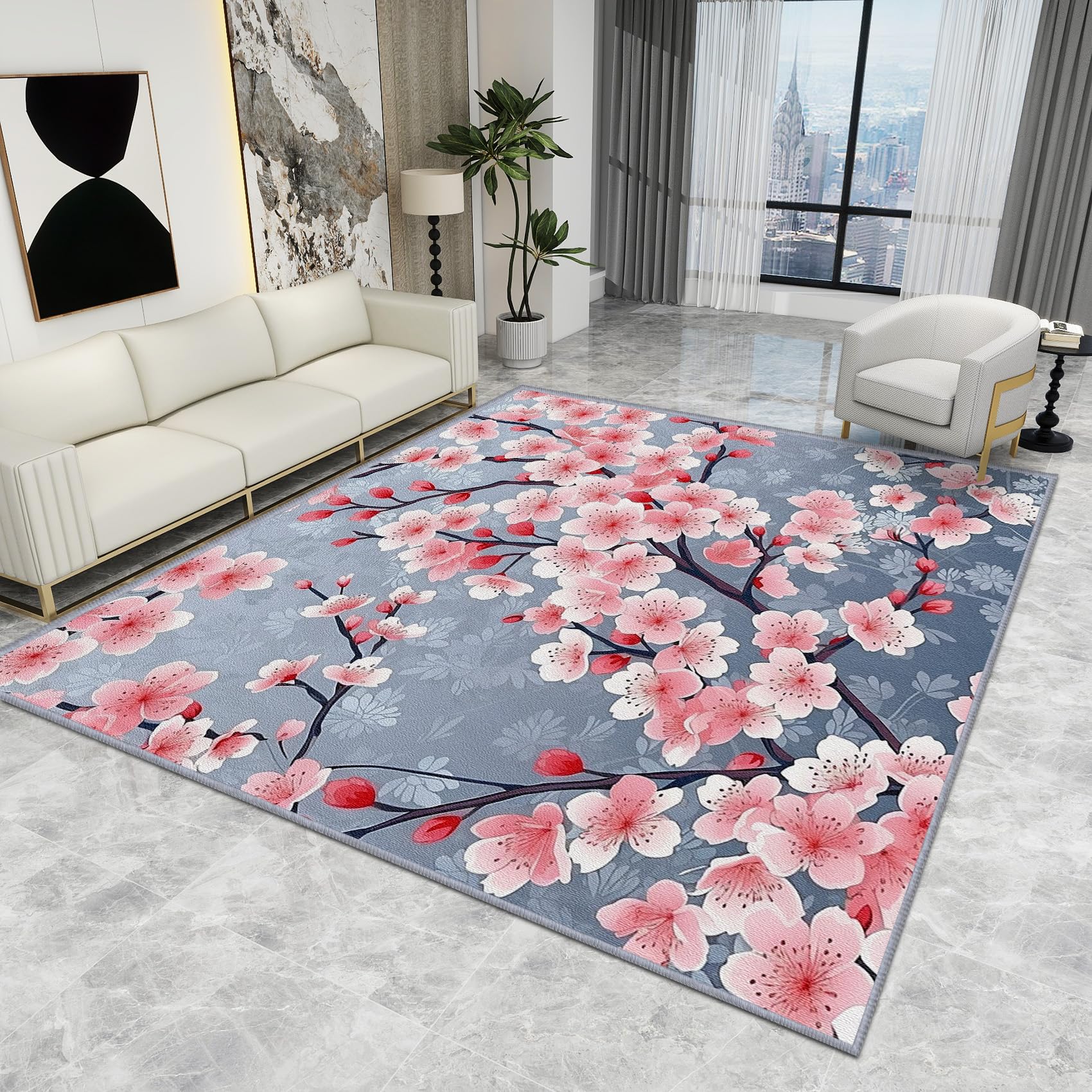 Japanese Cherry Blossom Rug - Cherry Blossom Rug - Pink Floral Botanical Rugs, Japan Flower Carpet, Washable Rug Non Slip Low Pile Soft Small Area Rugs, Cherry Blossom Home Decor Gifts, 60 X 90 cm