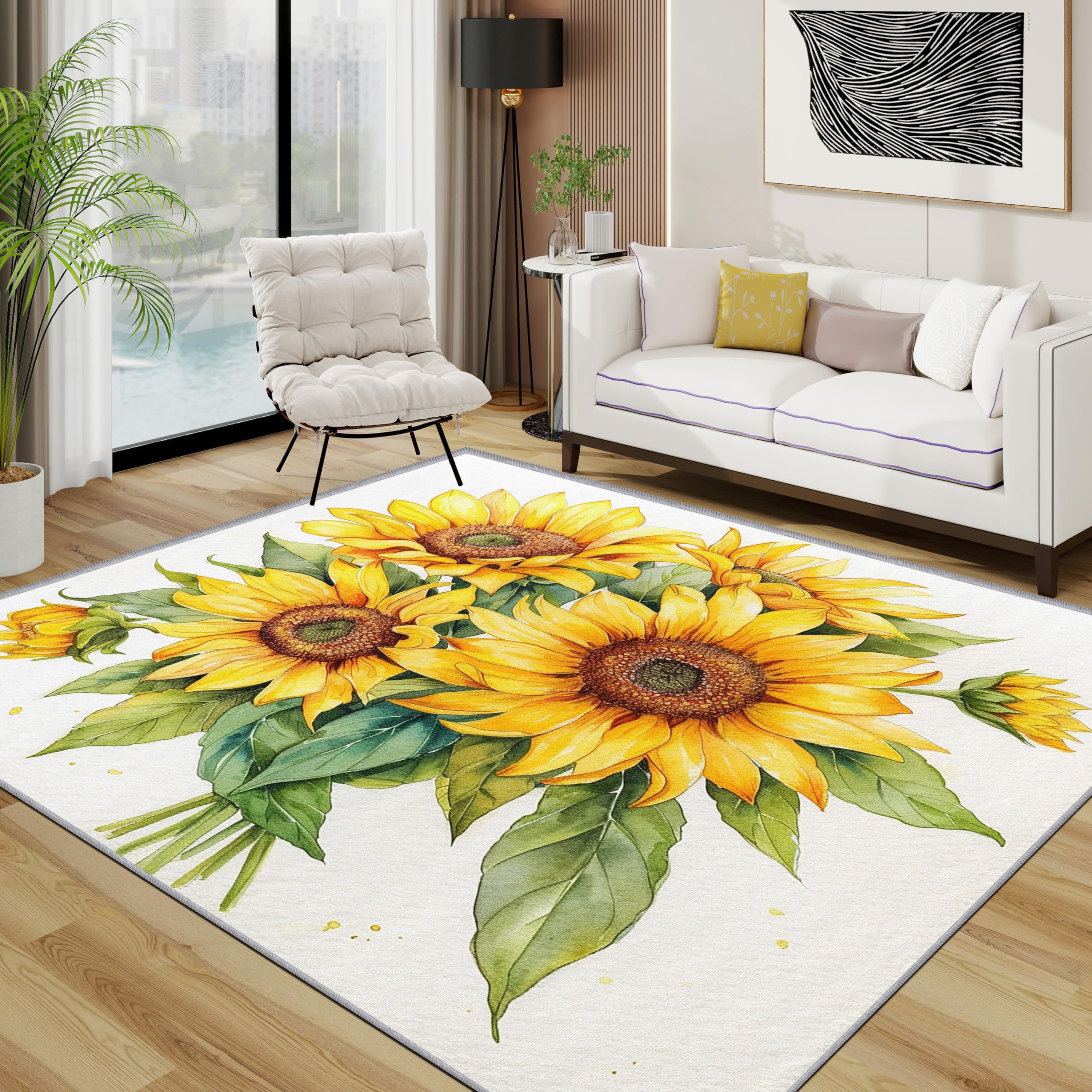Sunflower Rug - Yellow Flower Watercolour Kitchen Small Rugs for Bedroom 50x80, Floral Botanical Summer Floor Mat Soft Washable Non Slip Indoor Mats, Sunflower Home Decor
