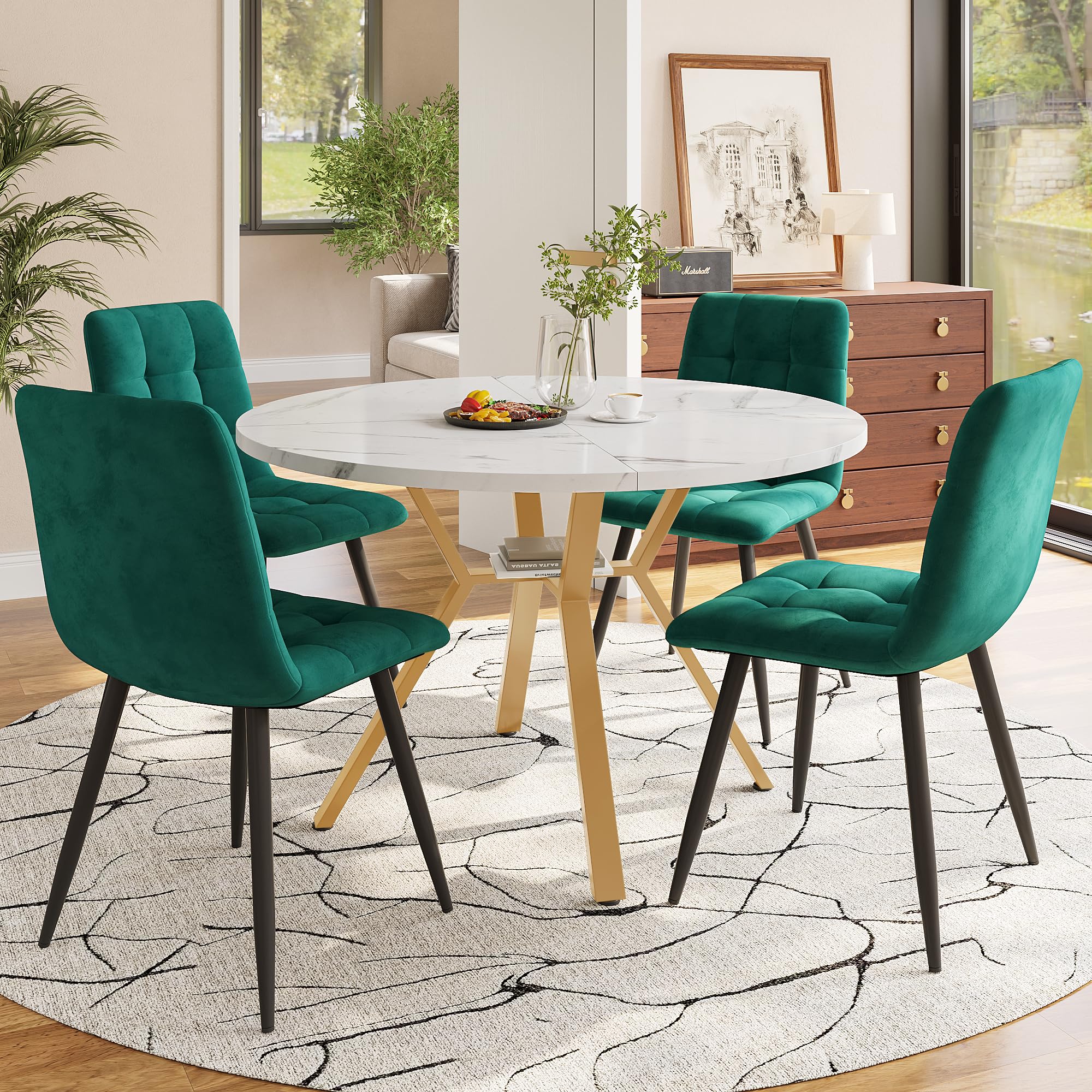 Merax Dining Table Set,Dining Table and Chair Set,Simple Round Marble Dining Table and Chair Set with Gold Metal Legs + Green chair, Ergonomic Velvet Chairs,MDF Top