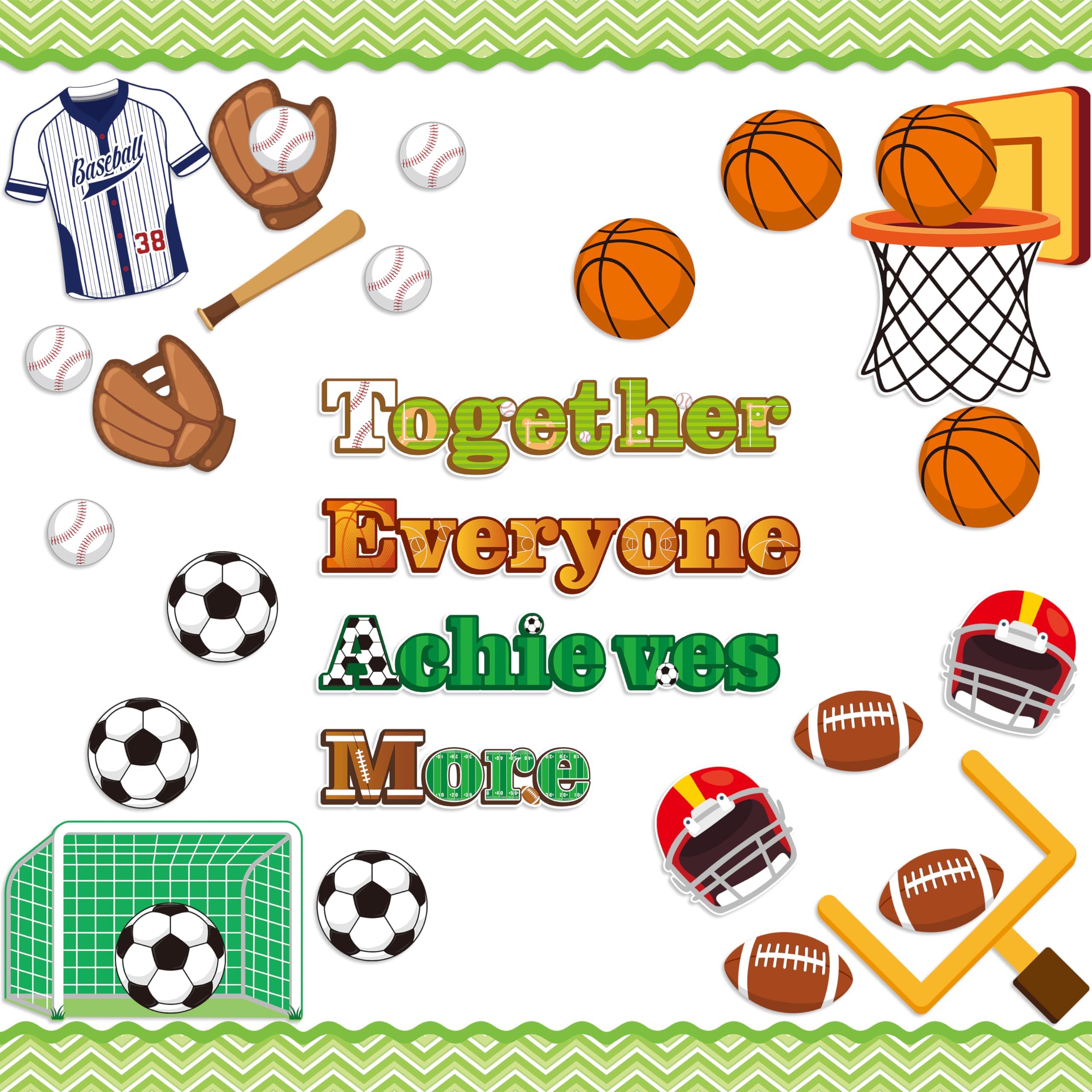 77Pcs Team Spirit Sport Bulletin Board Decoration Back to School Set Together Everyone Achieves More Basketball Football Cutouts Name Tags Motivational School Chalkboard Wall Door Supplies