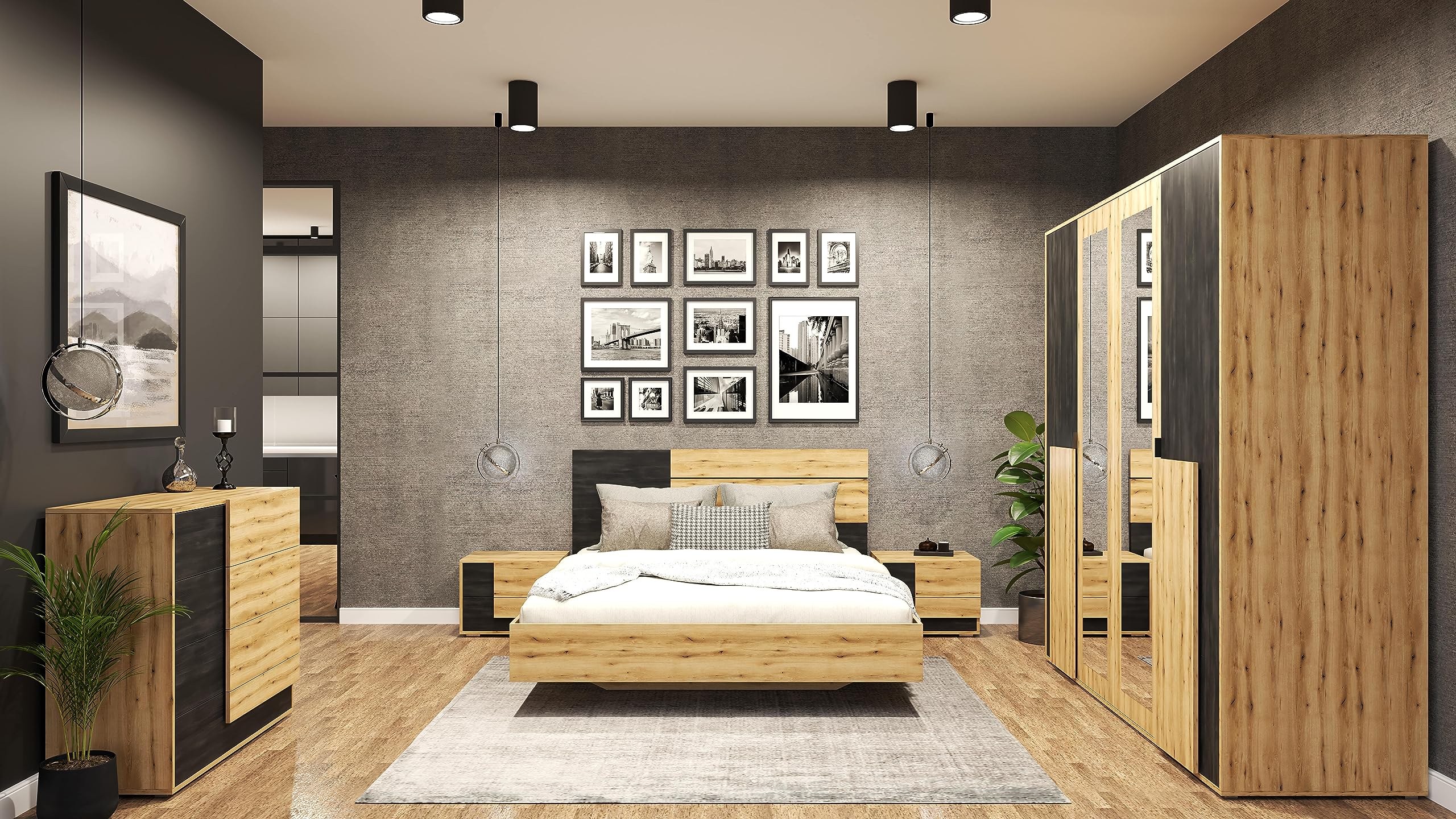 Fabryka Mebli Idźczak Schlafzimmer-Set Bafra Bettgestell - Doppelbett Ehebett mit Superb-Matratze - Kleiderschrank mit Spiegel, Nachttisch, Kommode - Artisan Eiche/Schwarze Norwegische Kiefer
