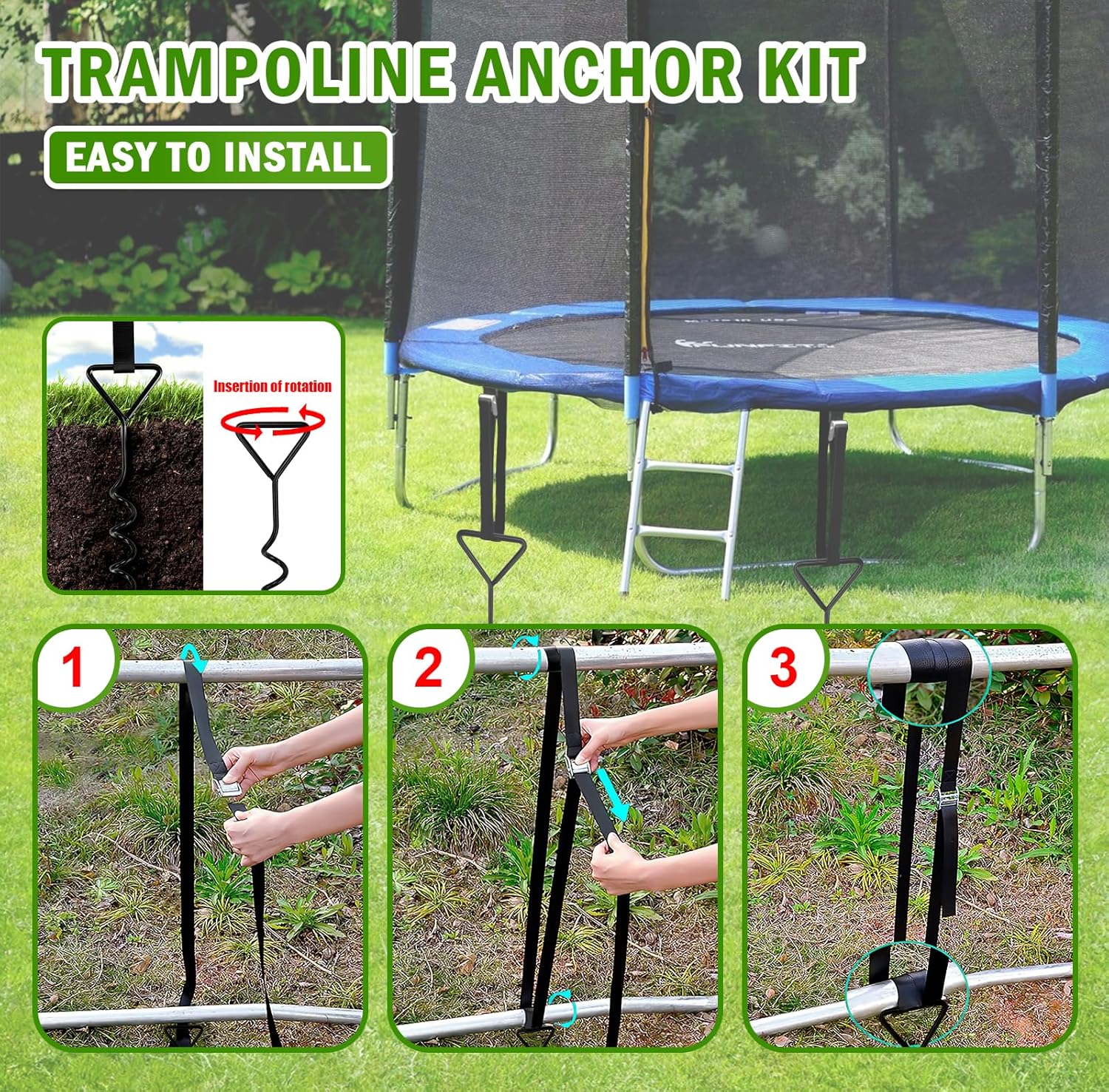 Trampoline Tie Down Anchor Kit, Corkscrew Shape Steel Trampoline Stakes Anchors High Wind Heavy Duty, Trampoline Tie Downs with T Hook for Trampolines, Spiral Ground Stakes (Set of 4)