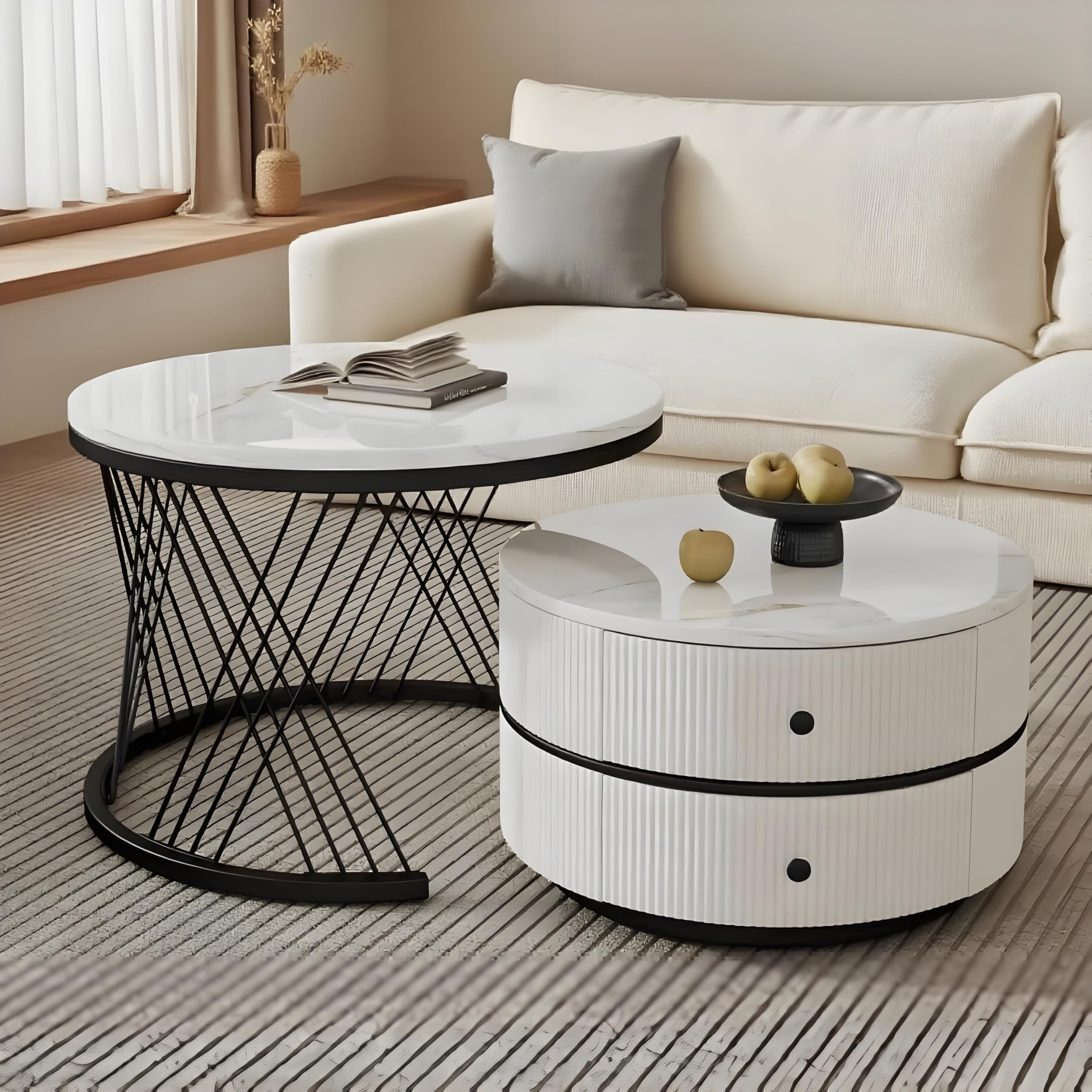 Couchtisch 2er Set, Couchtisch Rund mit Stauraum, Wohnzimmertisch, Schwarzrahmen 60x60x46cm und 50x50x31cm