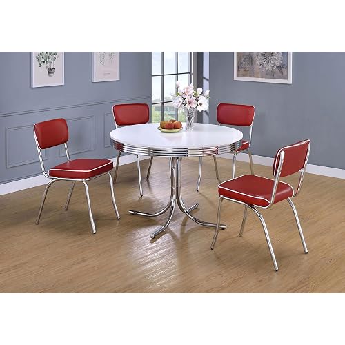 Coaster Home Furnishings Retro 1950s Soda Fountain Diner 5-Piece Dining Room Set Round Table White Laminate Top Red Faux Leather Upholstered Dining Side Chairs Sturdy Steel Chrome Base 2388-S5R