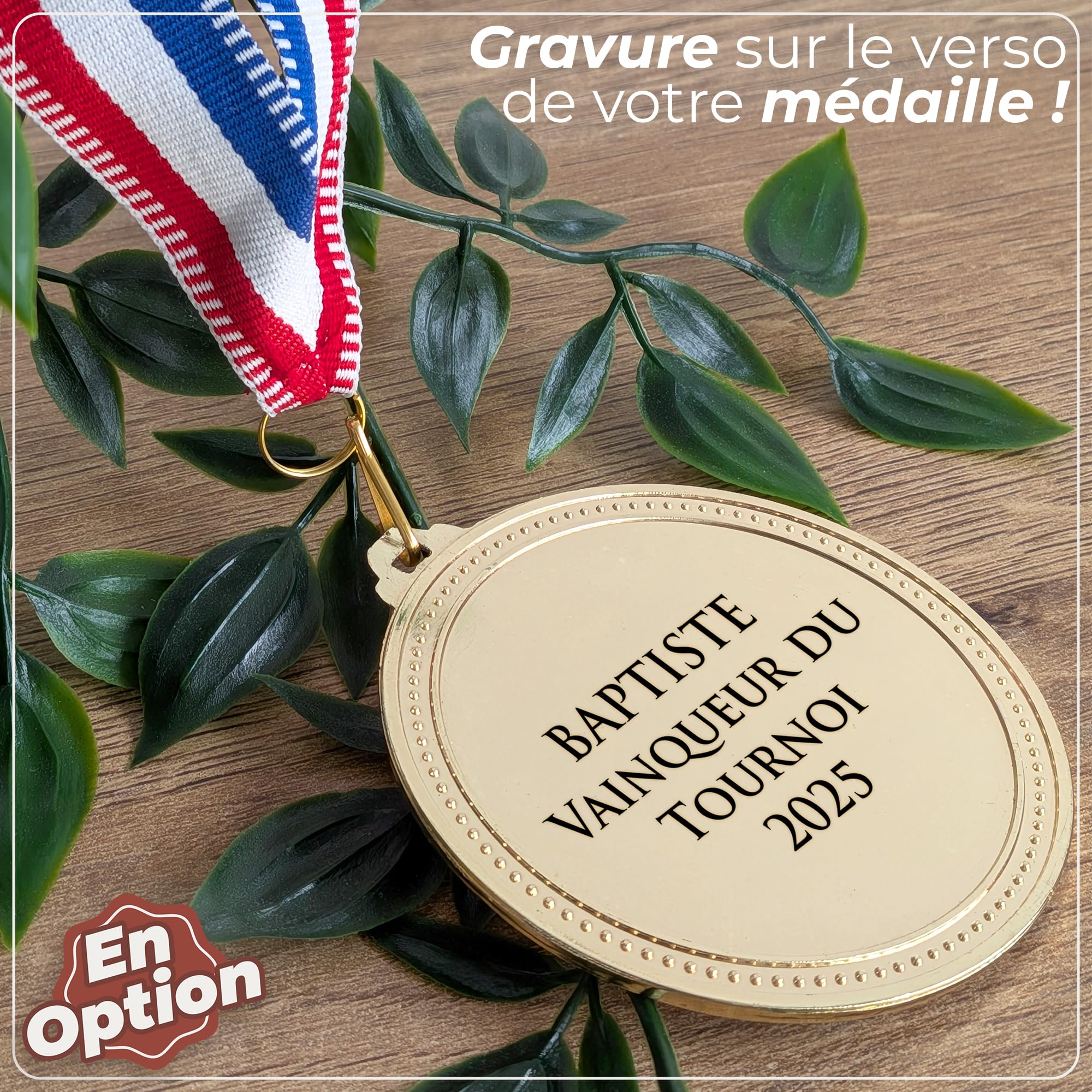 KDO MAGIC Médaille personnalisée - Médaille d'or gravée - Ruban France - 7 cm - Récompense pour Sport, Concours, évènements - Idée Cadeau - Enfant & Adulte - Foot, Basket, Tennis