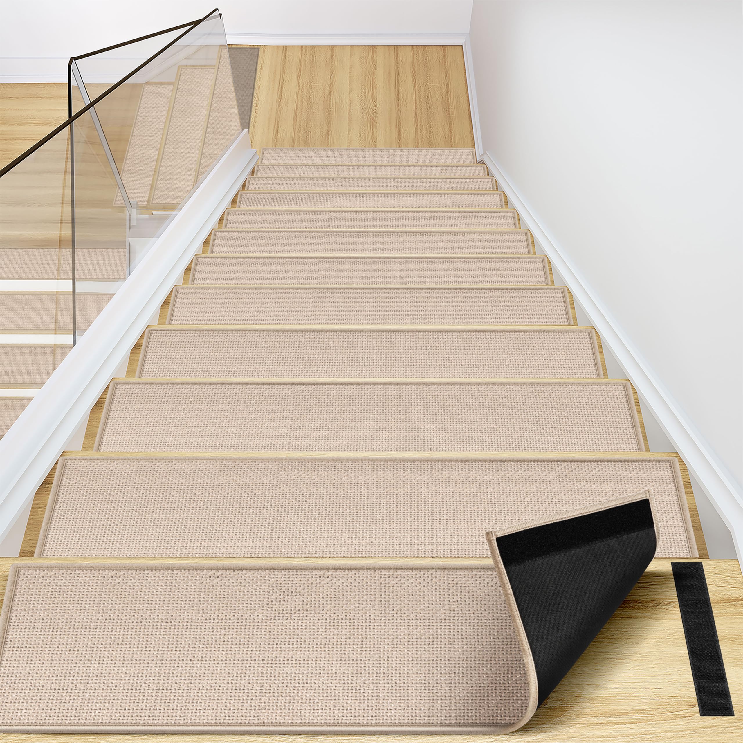 peel and stick adhesive stair treads for wooden steps indoor set of 15 pack, rubber backed non slip jute stair rug step pads for pet dog, elders and kids, beige