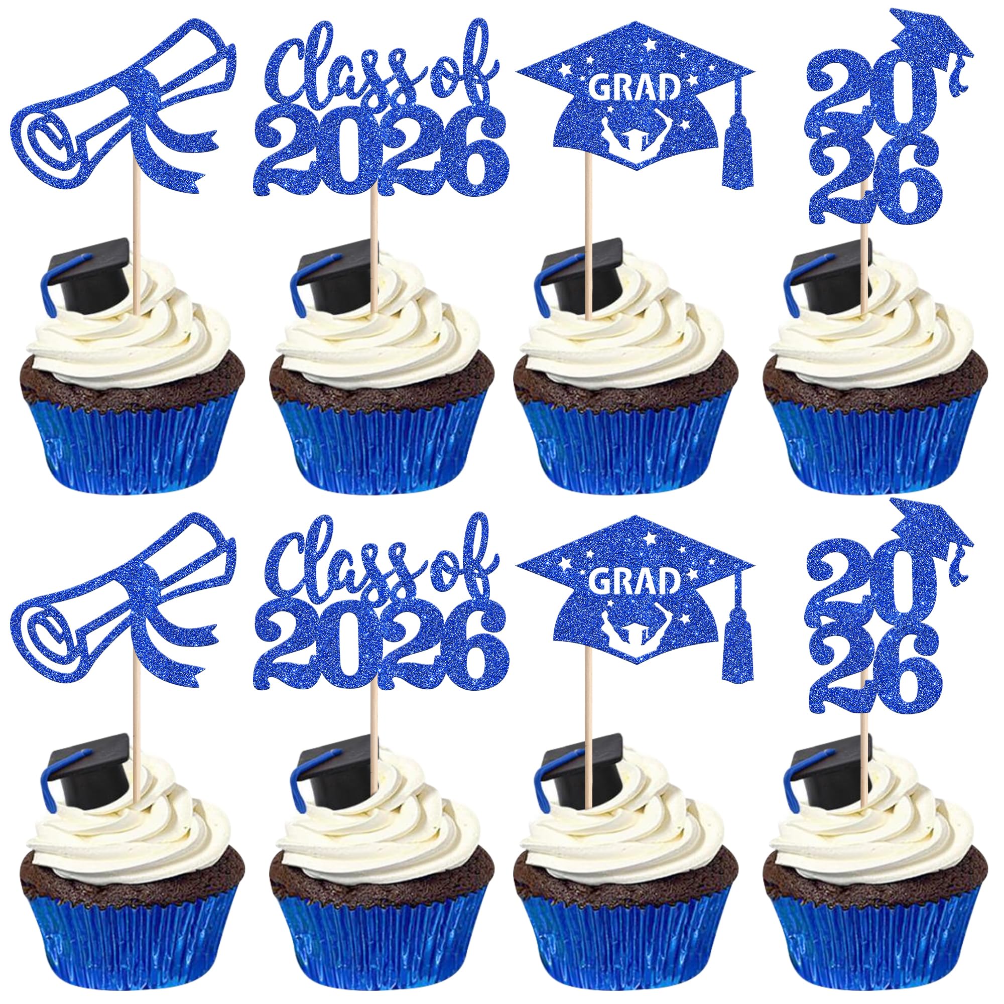 SYKYCTCY 24 Pack Blue 2026 Graduation Cupcake Toppers Glitter Class of 2026 Cupcake Picks Diploma Grad Cap Cake Decorations for 2026 Graduation School Boys Girls Graduate Theme Party Supplies
